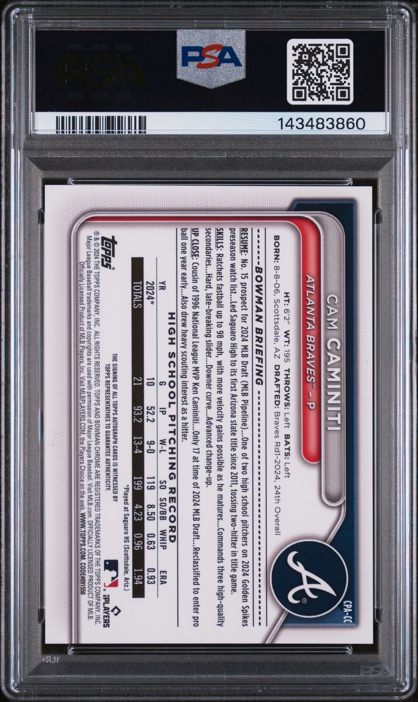 2024 Bowman Draft Aqua Lava Refractor Cam Caminiti #CPA-CC /199 PSA 9