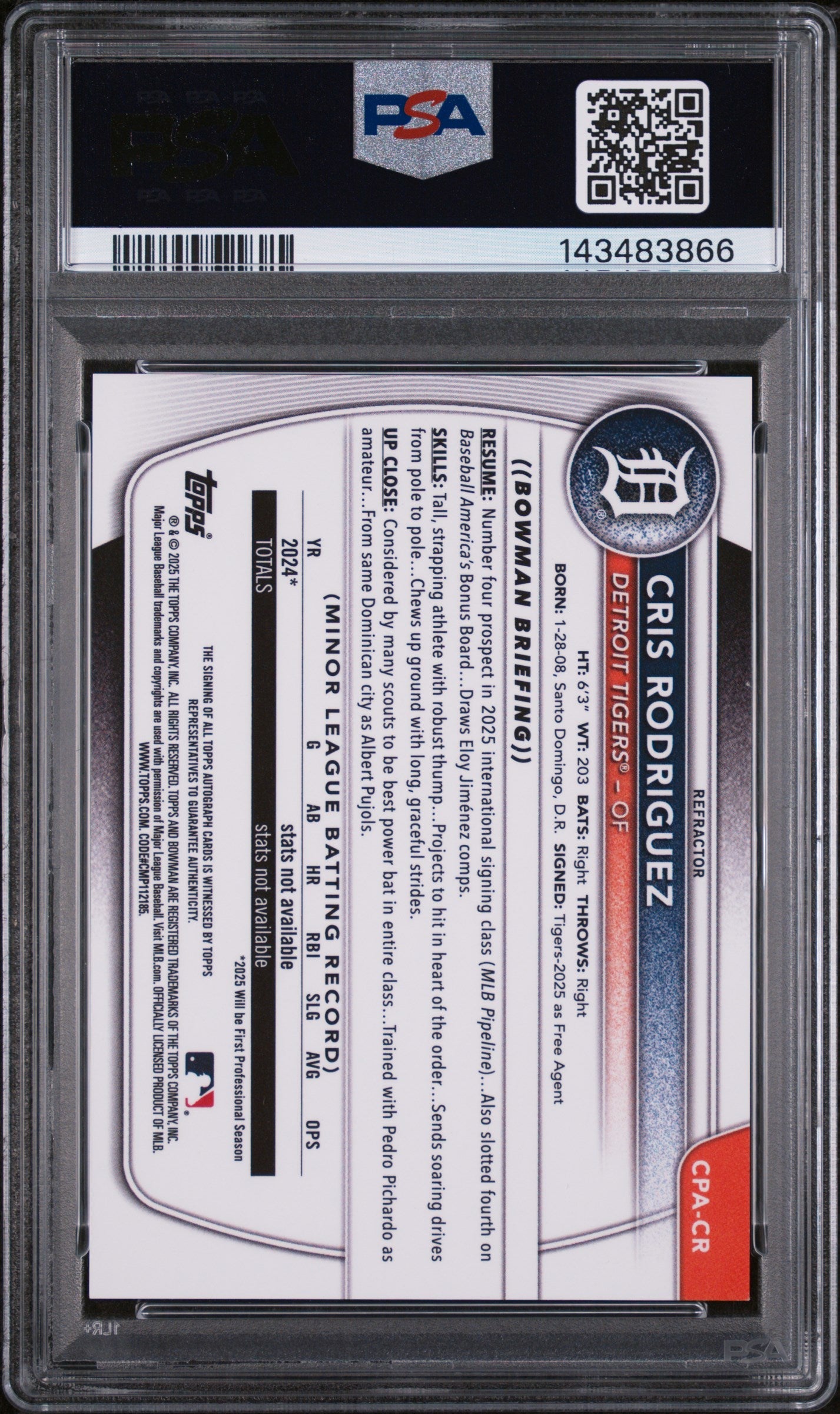 2025 Bowman Chrome Prospect Autographs Refractor Cris Rodriguez #CPA-CR /499 PSA 9