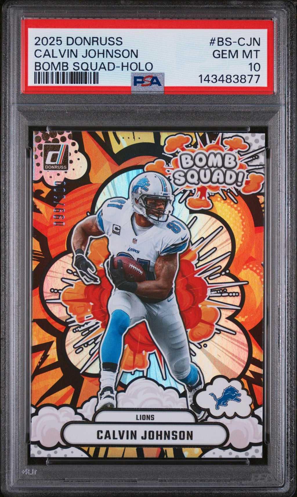 2025 Panini Donruss Bomb Squad Holo Calvin Johnson #BS-CJN /199 PSA 10