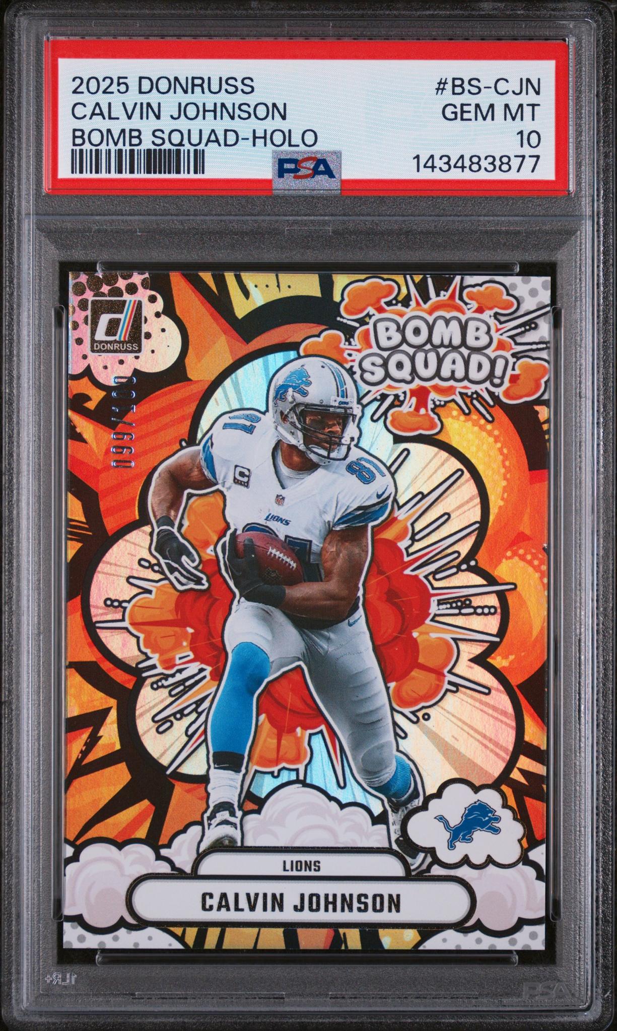 2025 Panini Donruss Bomb Squad Holo Calvin Johnson #BS-CJN /199 PSA 10