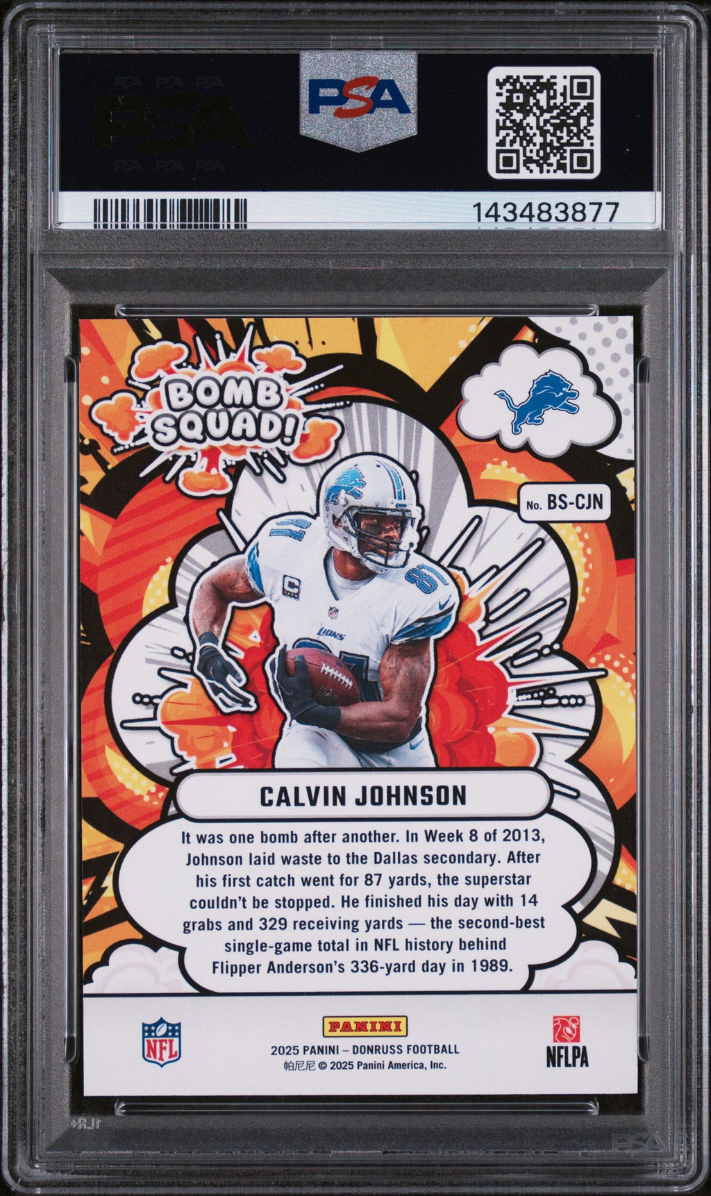 2025 Panini Donruss Bomb Squad Holo Calvin Johnson #BS-CJN /199 PSA 10