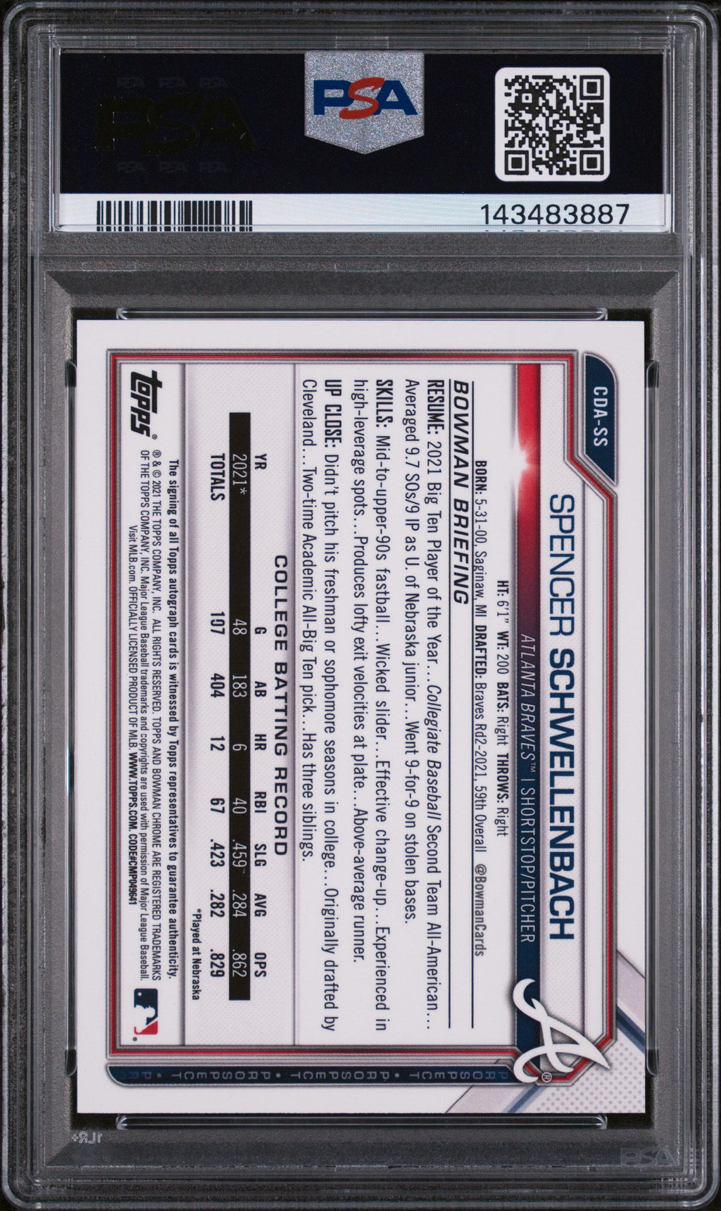 2021 Bowman Draft Chrome Autograph Spencer Schwellenbach #CDASS PSA 10