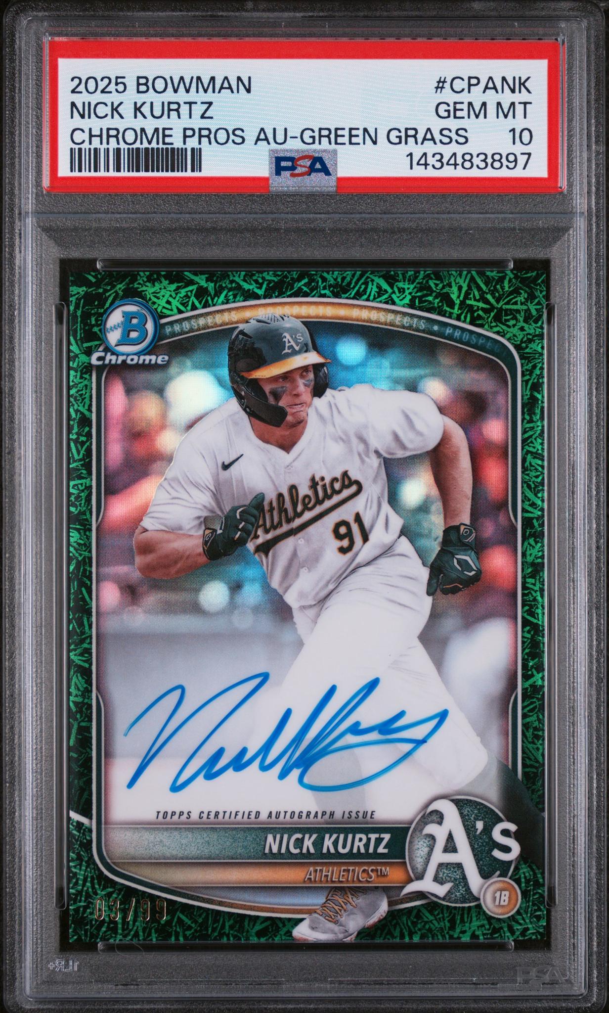 2025 Bowman Bowman Green Grass Refractor Nick Kurtz #CPA-NK /99 PSA 10