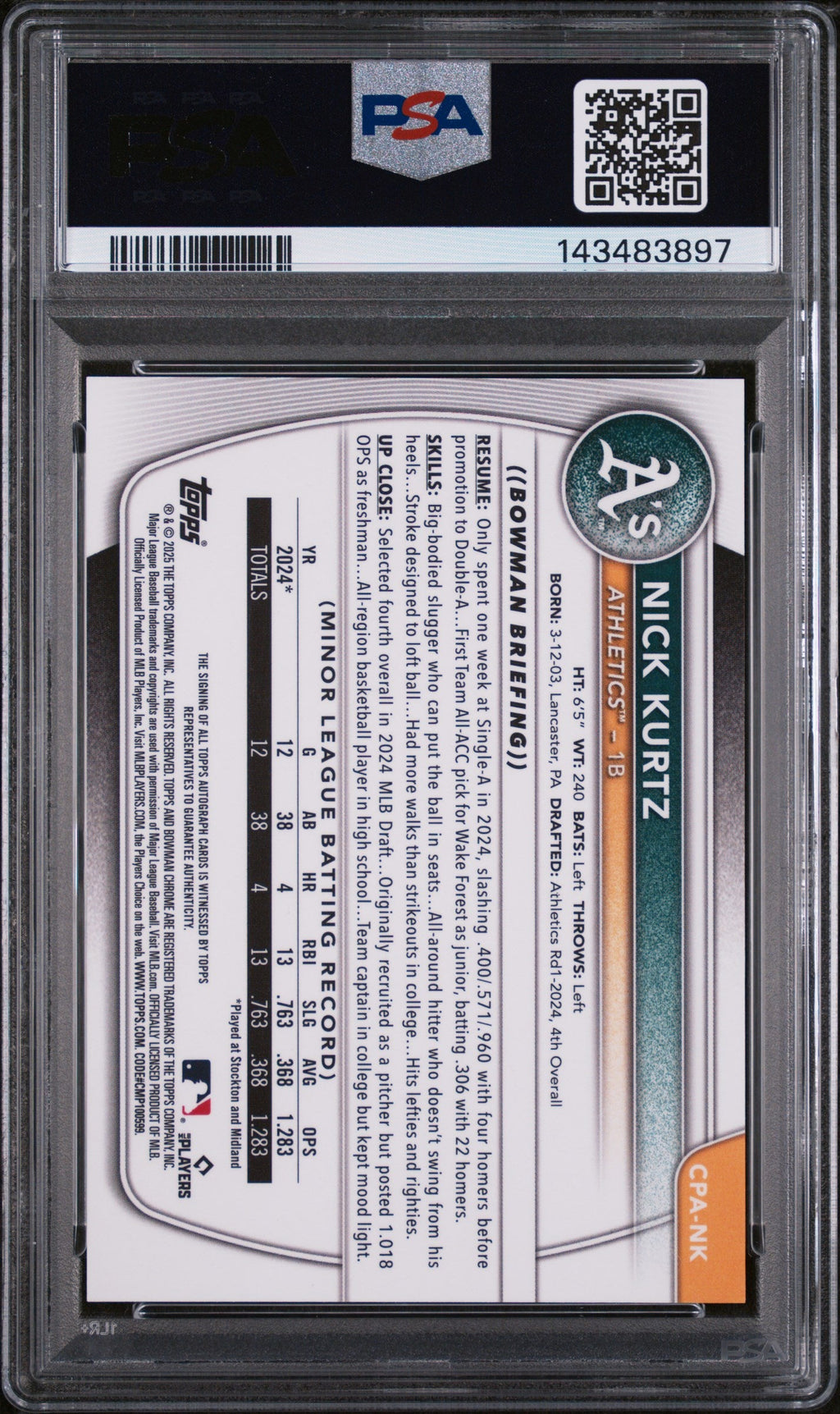 2025 Bowman Bowman Green Grass Refractor Nick Kurtz #CPA-NK /99 PSA 10