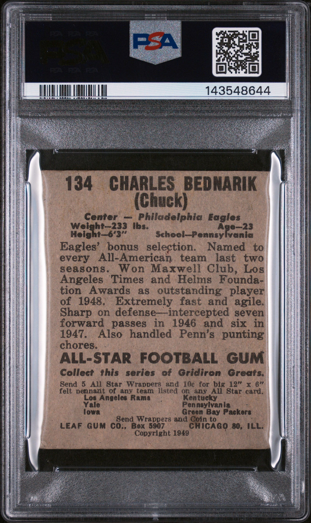 1949 Leaf Chuck Bednarik #134 PSA 2