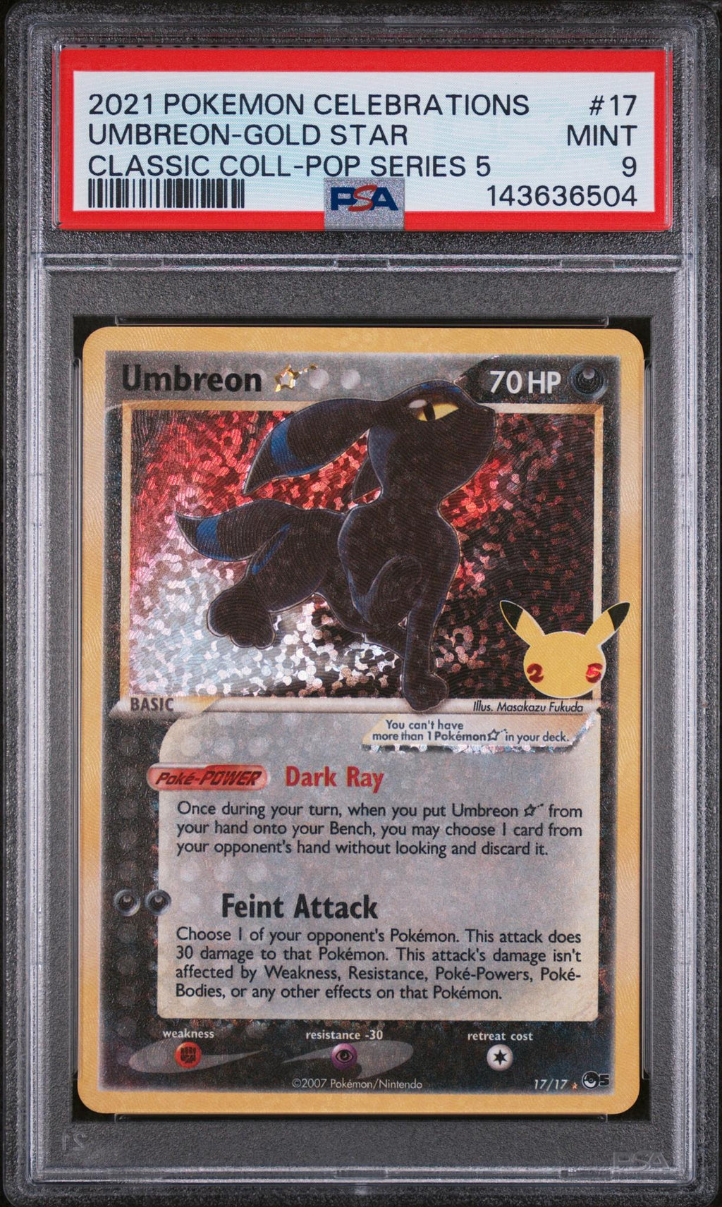 2021 Pokemon Celebrations Classic Collection Pop Series 5 Umbreon Gold Star #17 PSA 9