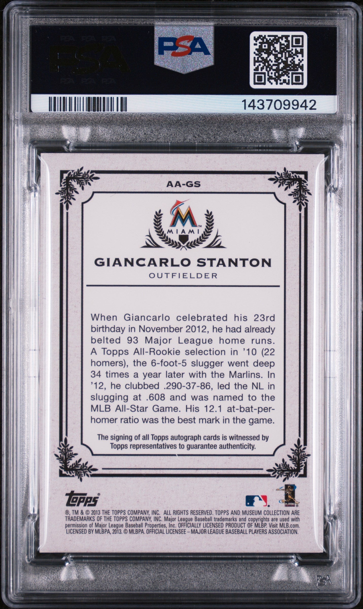2013 Topps Museum Collection Archival Autographs Giancarlo Stanton #GS /199 PSA 8