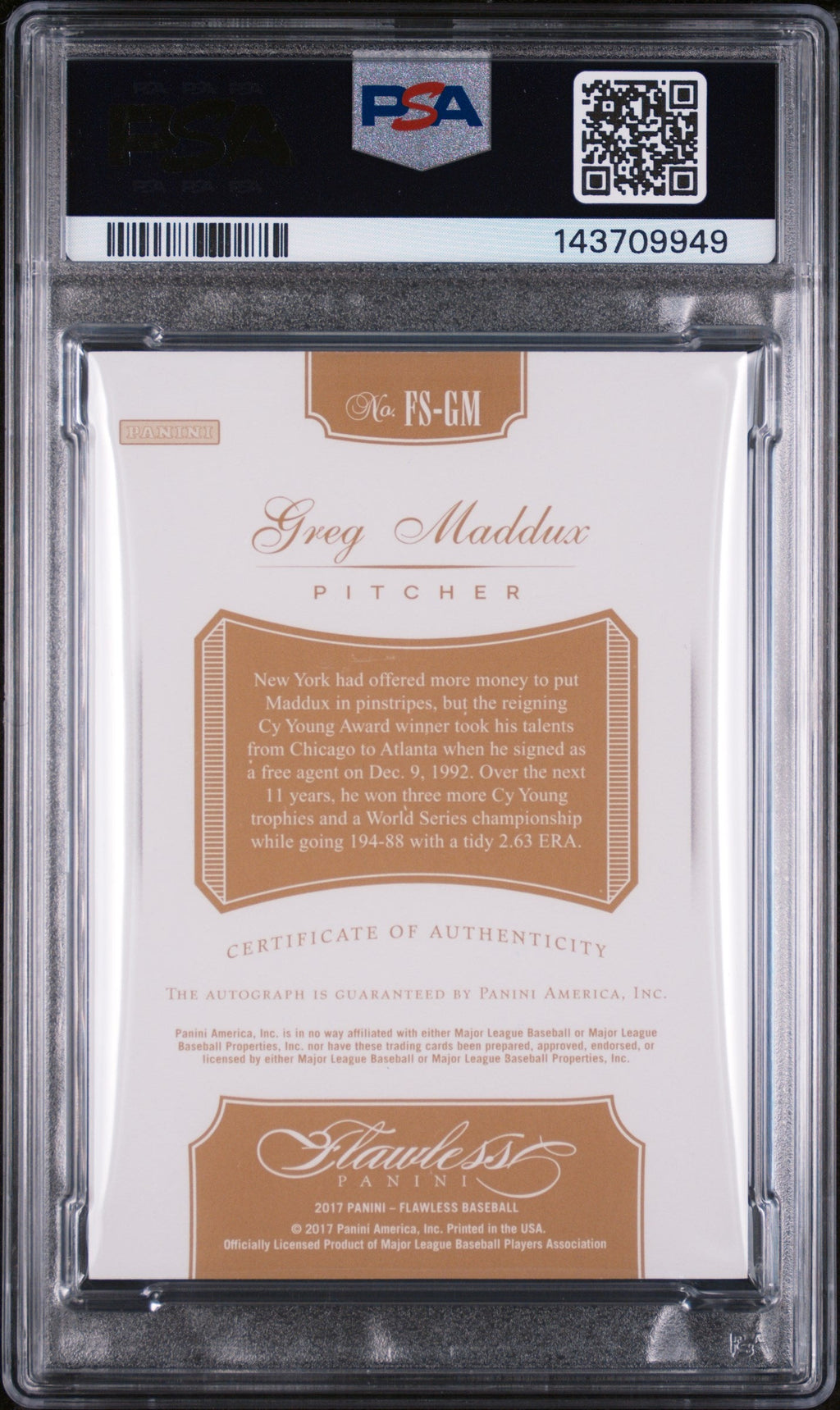 2017 Panini Flawless Flawless Signature Emerald Greg Maddux #FS-GM /3 PSA 9