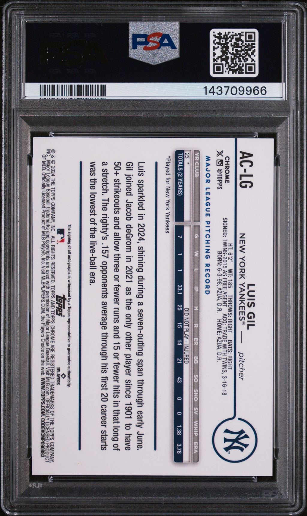 2024 Chrome Update Autographs Blue Raywave Refractors Luis Gil #ACLG /150 PSA 10