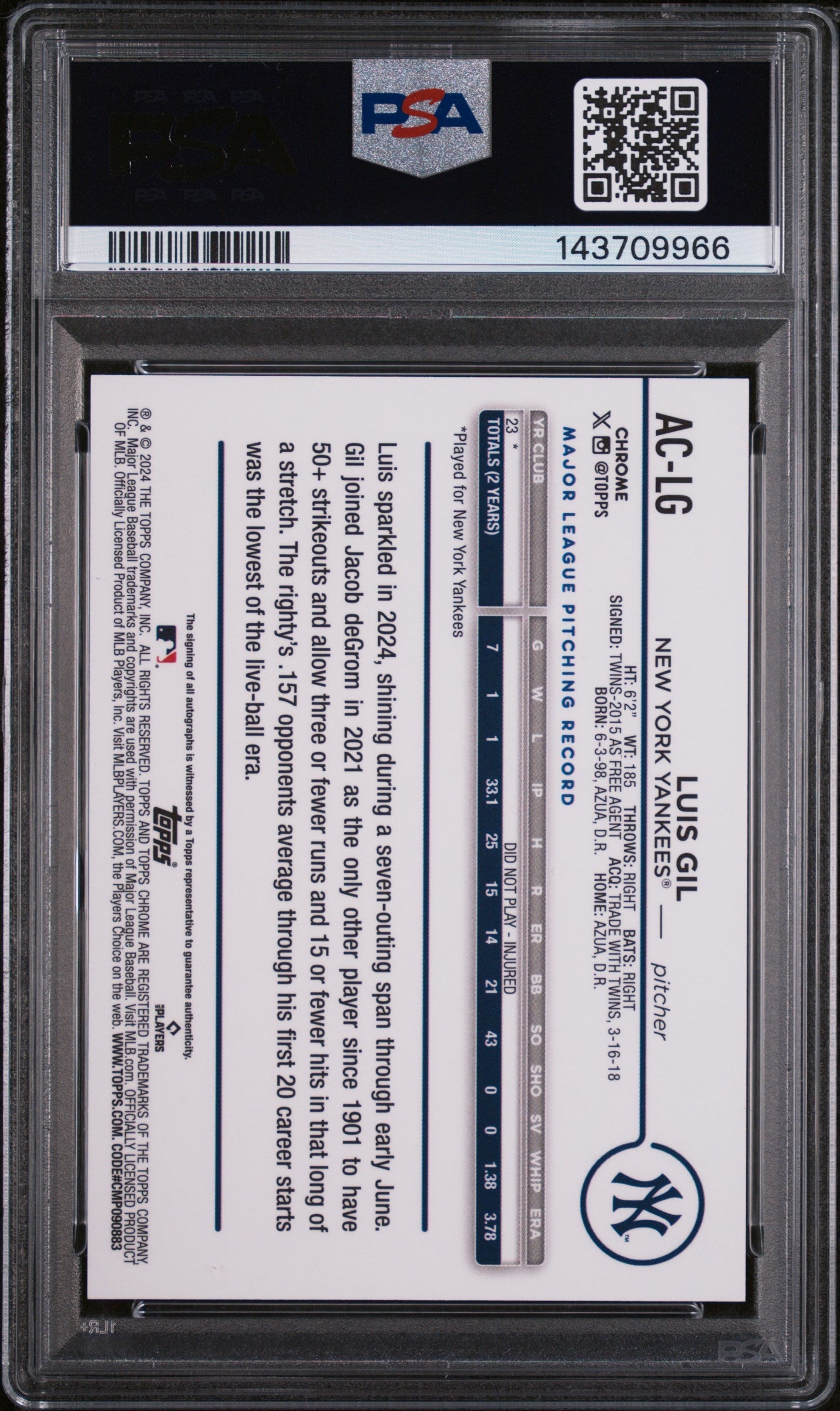 2024 Chrome Update Autographs Blue Raywave Refractors Luis Gil #ACLG /150 PSA 10