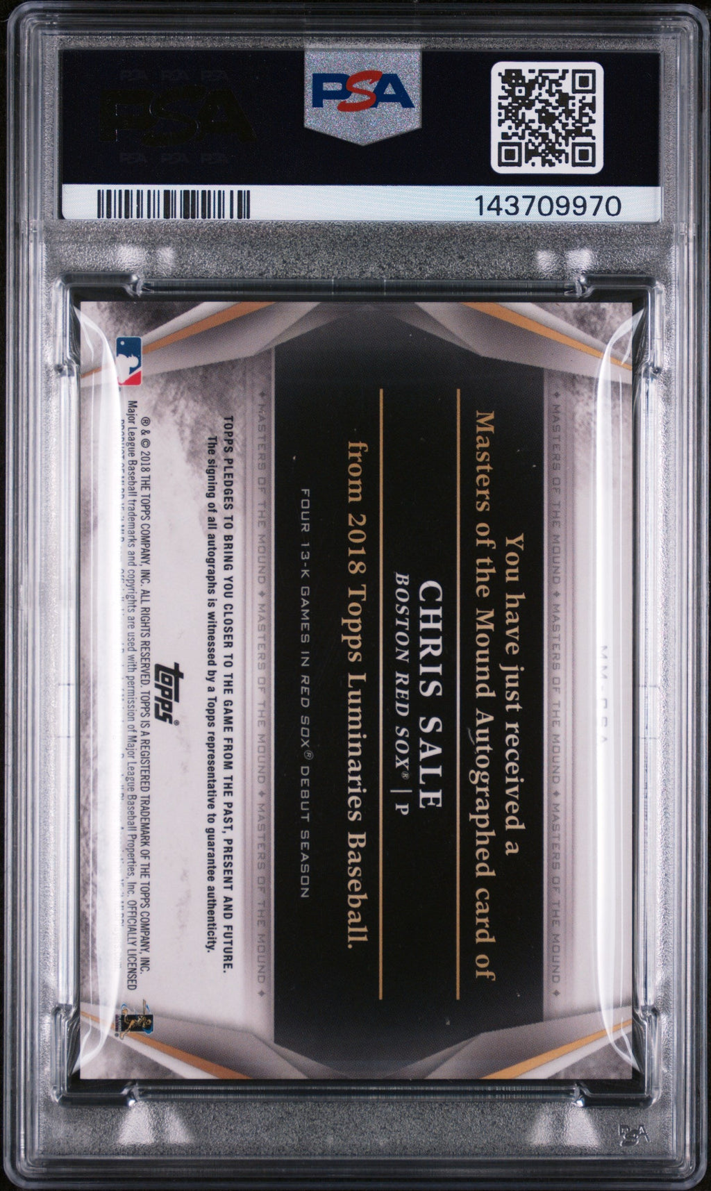 2018 Topps Luminaries Masters of the Mound Autographs Masters/Mound Auto-Red Chris Sale #CSA /10 PSA 10