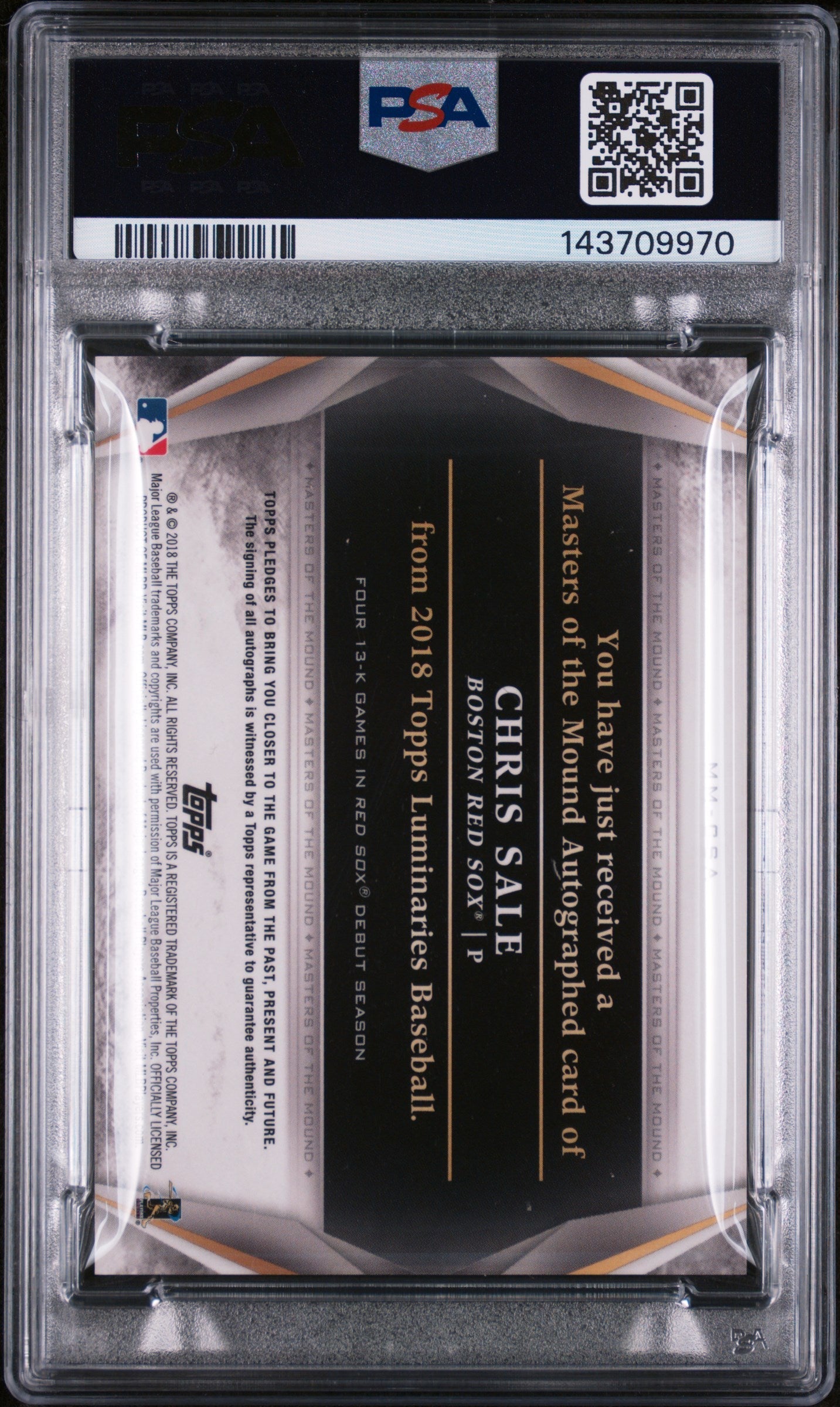 2018 Topps Luminaries Masters of the Mound Autographs Masters/Mound Auto-Red Chris Sale #CSA /10 PSA 10