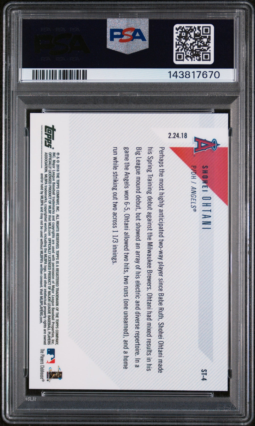 2018 Topps Now Spring Training Shohei Ohtani #ST4 /11384 PSA 10