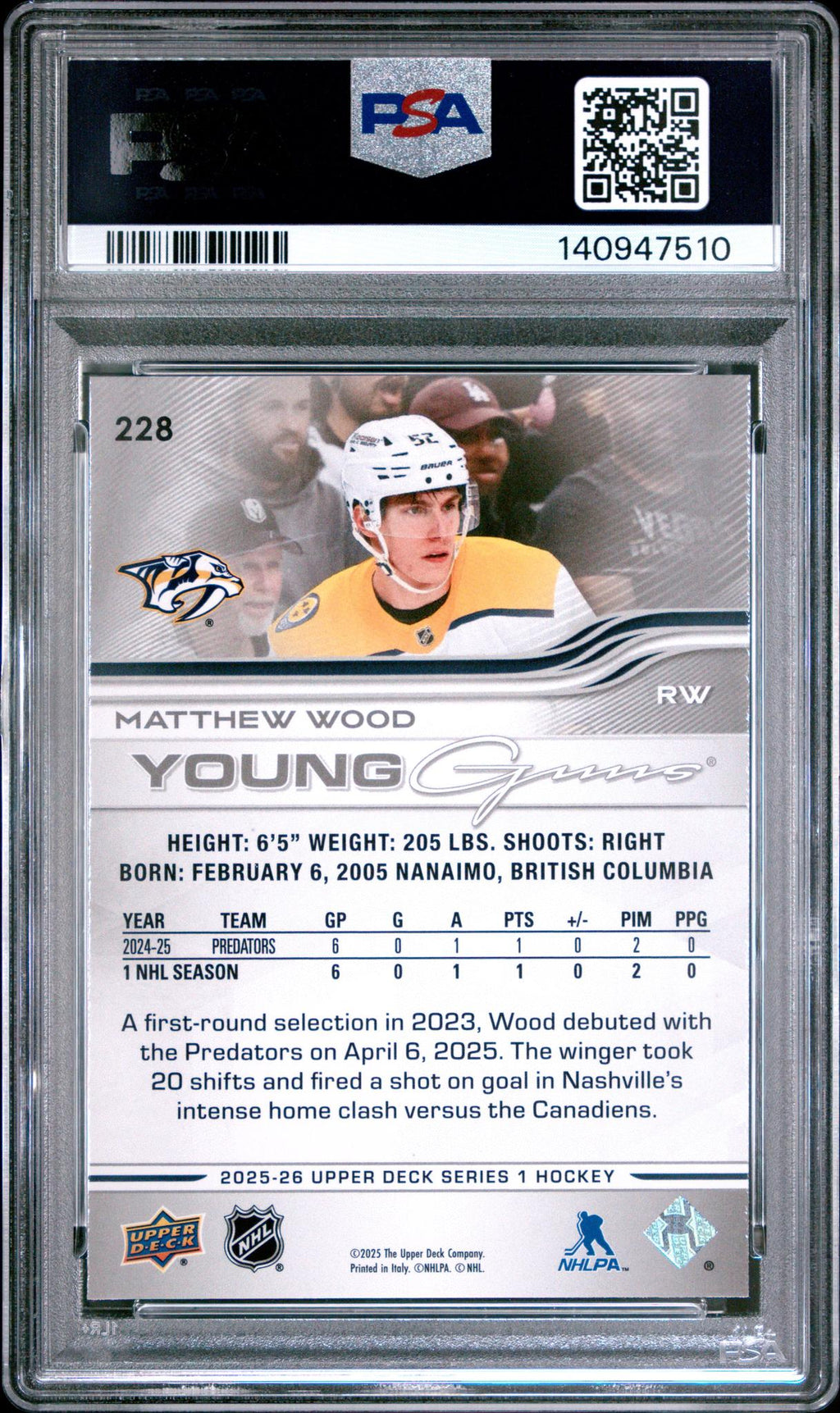2025 Upper Deck Young Guns Matthew Wood #228 PSA 10