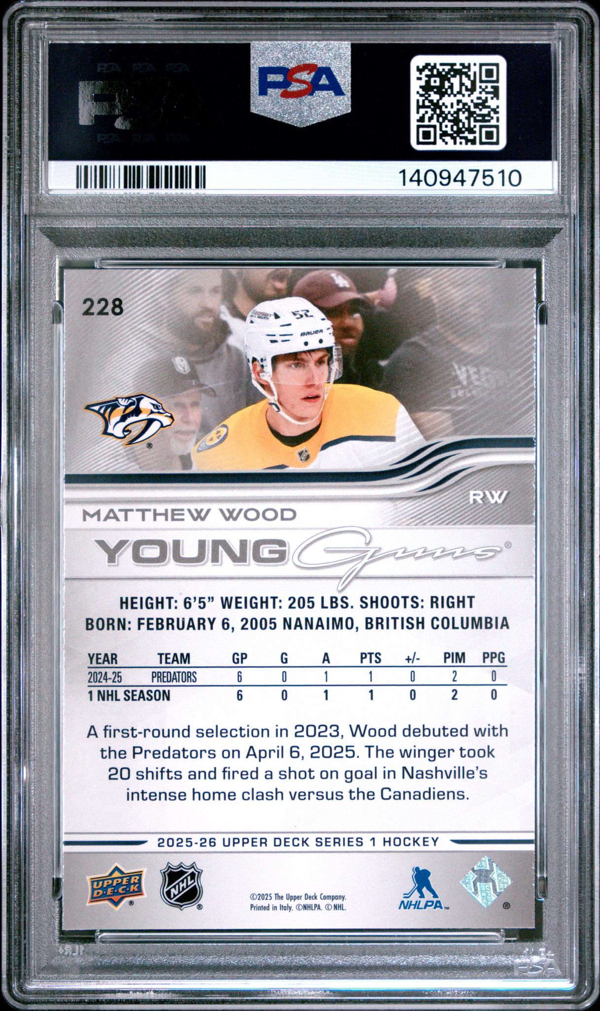 2025 Upper Deck Young Guns Matthew Wood #228 PSA 10
