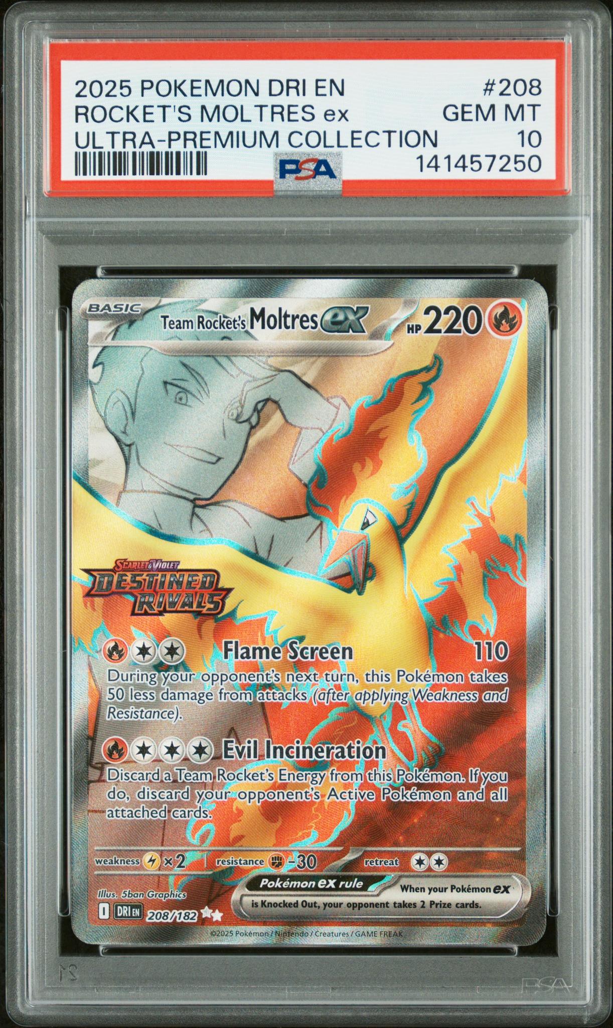 2025 Destined Rivals - Dri En - English Team Rocket's Moltres Ex Ultra Premium Collection (Holo) Team Rocket's Moltres Ex #208 PSA 10