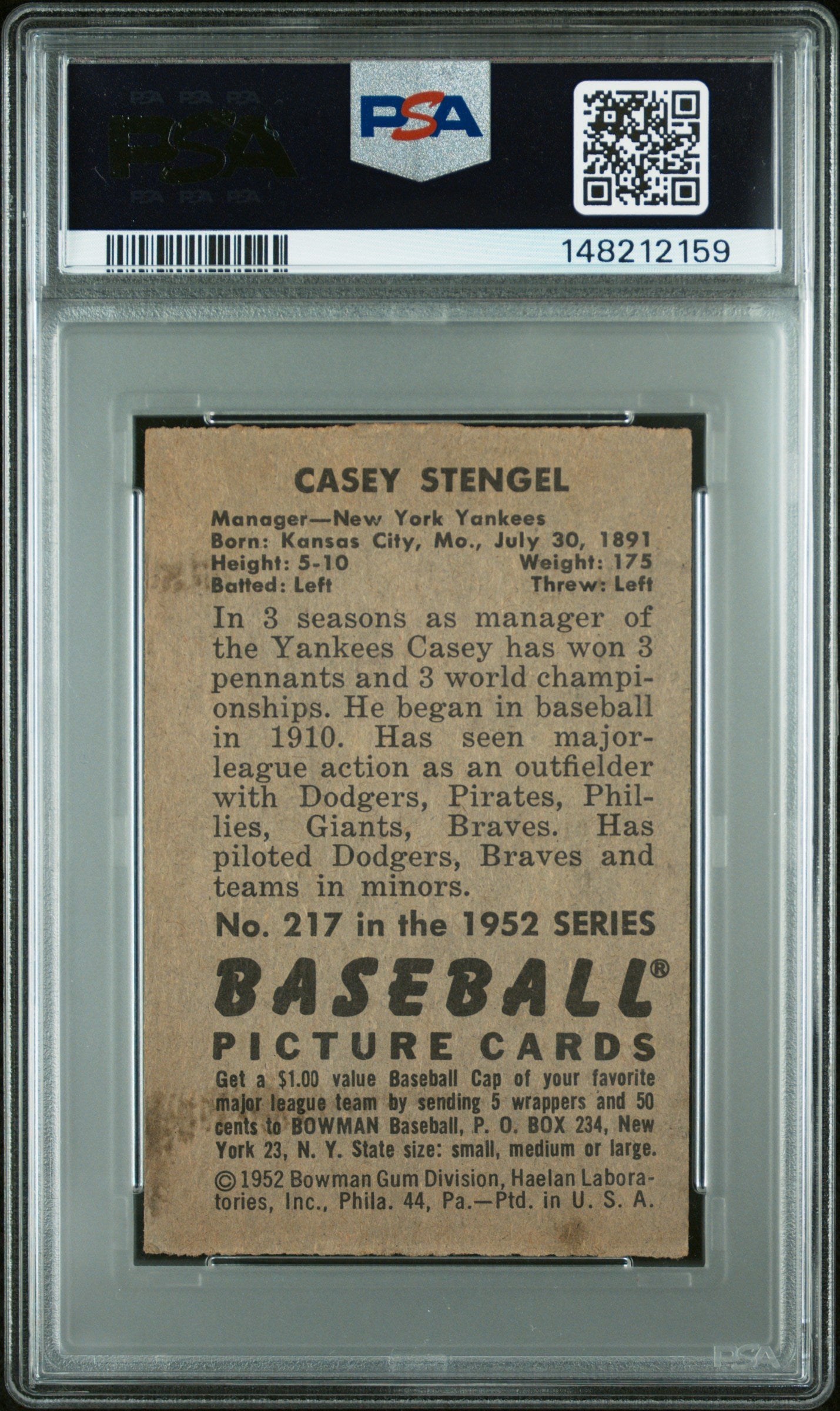 1952 Bowman Casey Stengel #217 PSA 5