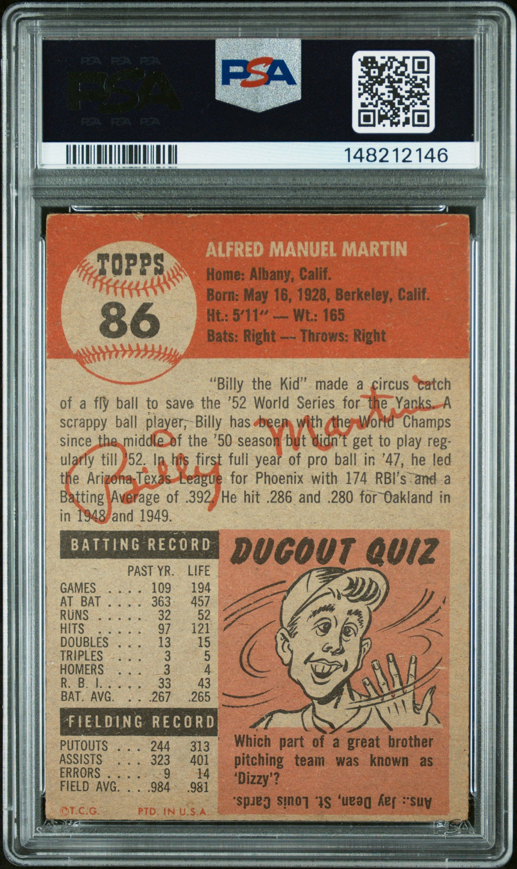 1953 Topps Billy Martin #86 PSA 3