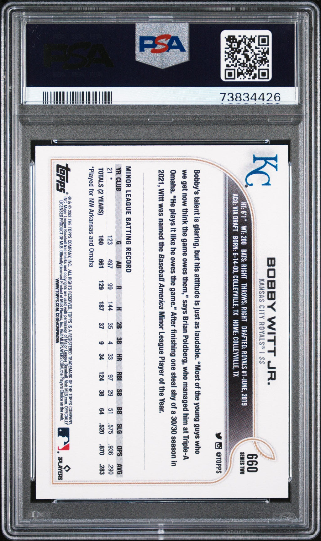 2022 Topps Bat Down Variation Bobby Witt Jr. #660 PSA 10