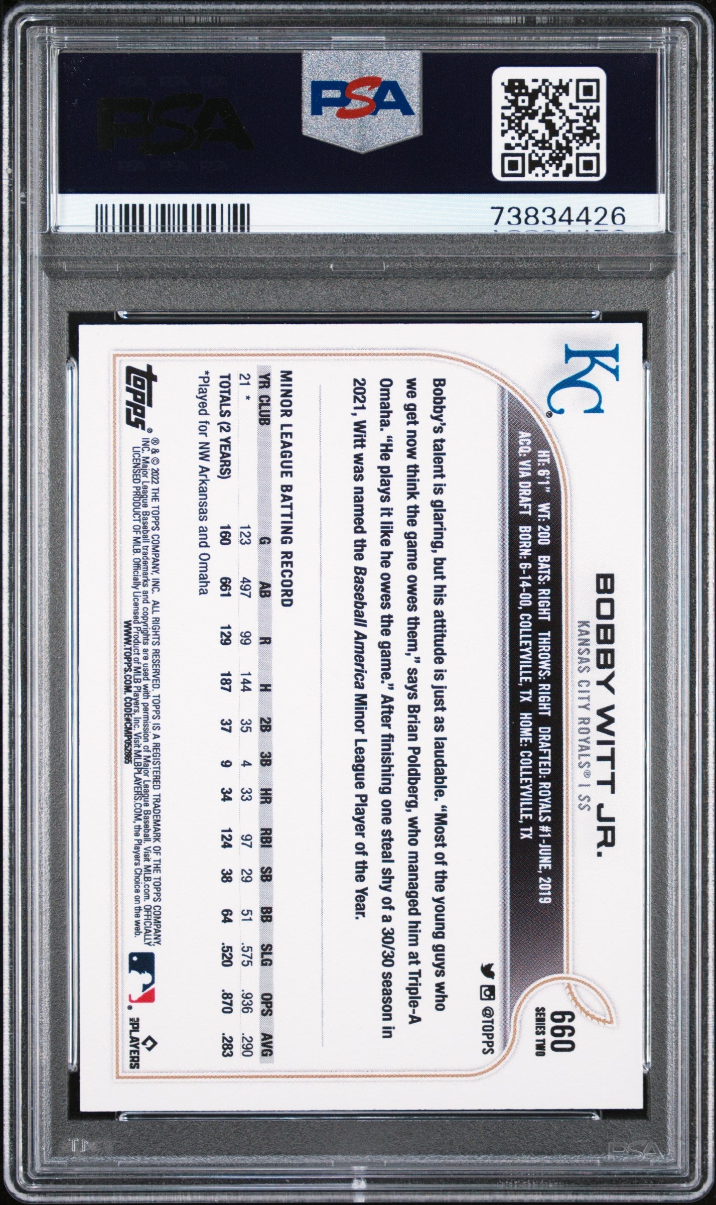 2022 Topps Bat Down Variation Bobby Witt Jr. #660 PSA 10