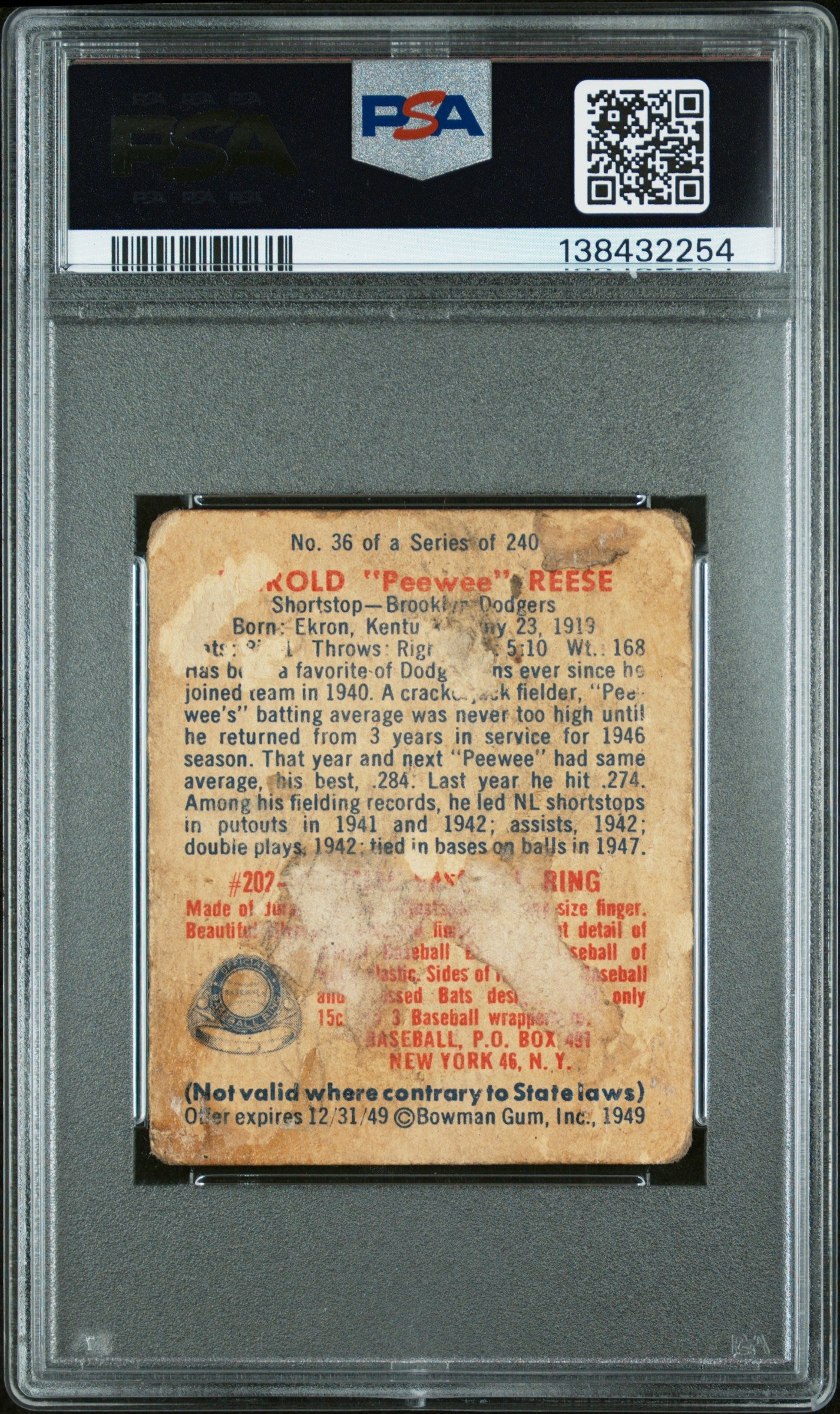 1949 Bowman Pee Wee Reese #36 PSA 1