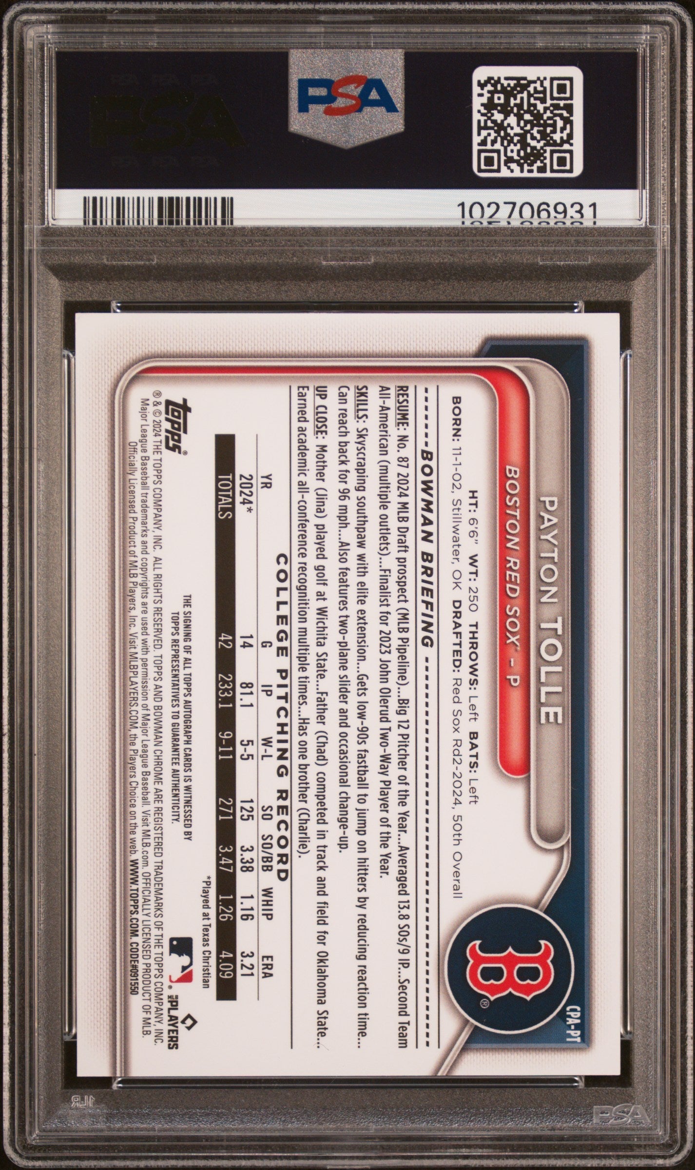 2024 Bowman Draft Chrome Prospect Autographs Orange Wave Payton Tolle #CPAPT /25 PSA 10