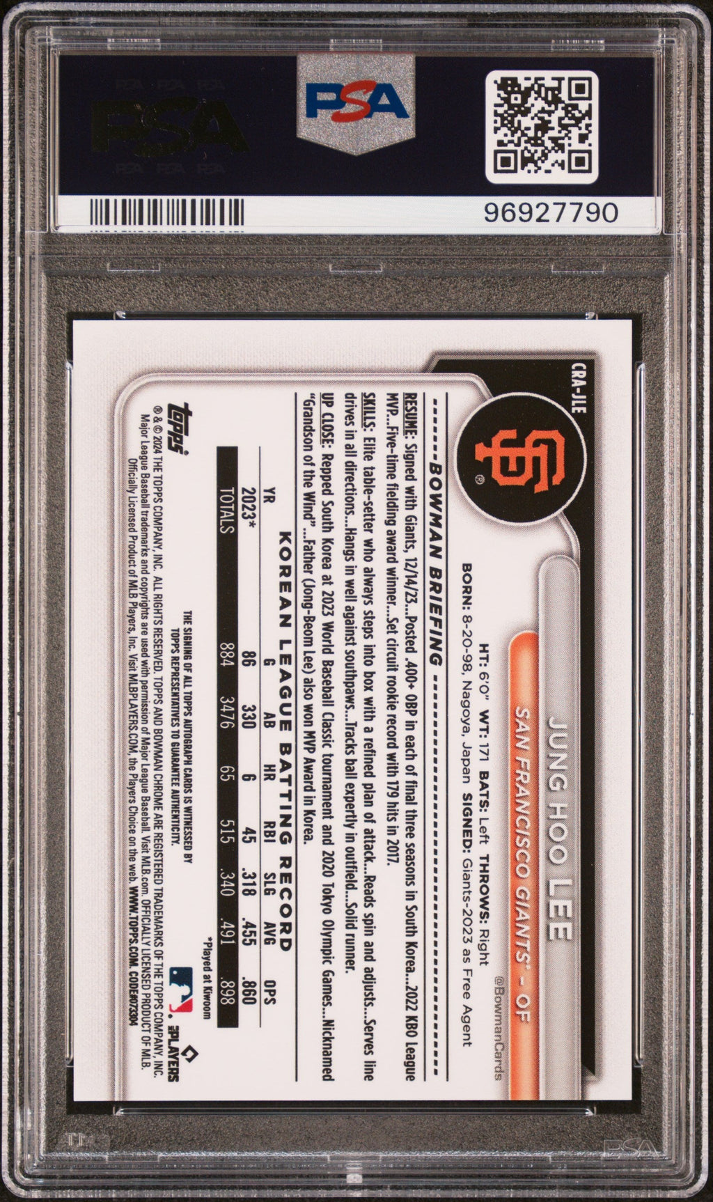 2024 Bowman Chrome Rookie Autographs Chrome Rookie Au-Blue Ref Jung Hoo Lee #CRAJLE /150 PSA 10