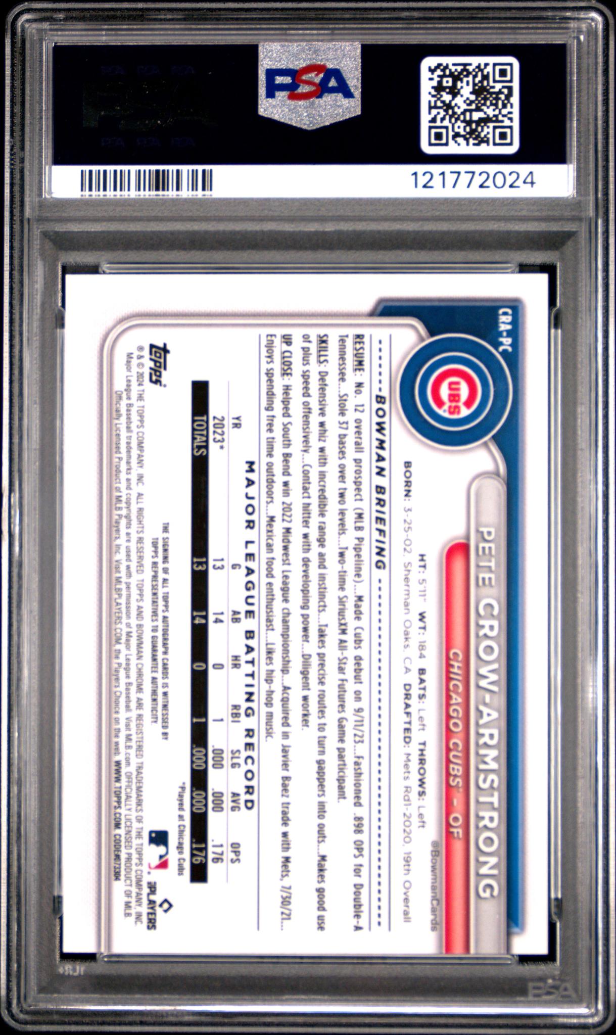 2024 Bowman Chrome Rookie Autograph Blue Refractor Pete Crow-Armstrong #CRAPC /150 PSA 10