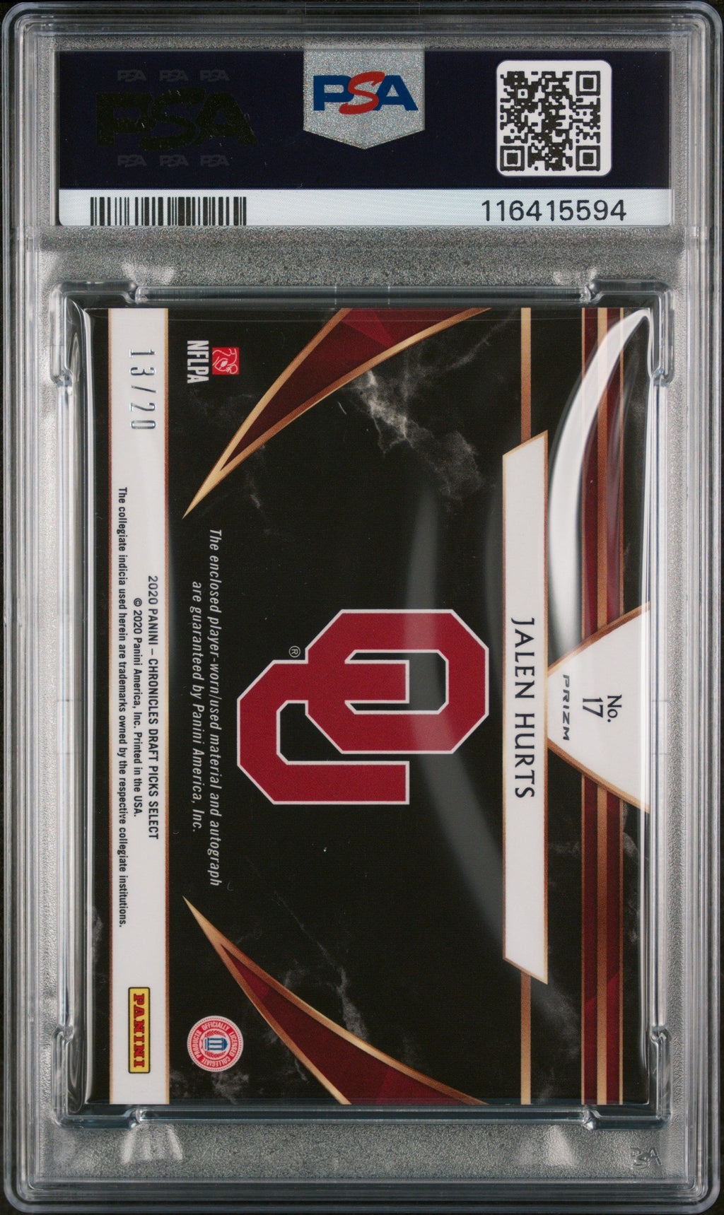 2020 Panini Chronicles Draft Picks Select Patch Autographs Purple Jalen Hurts #17 /20 PSA 8