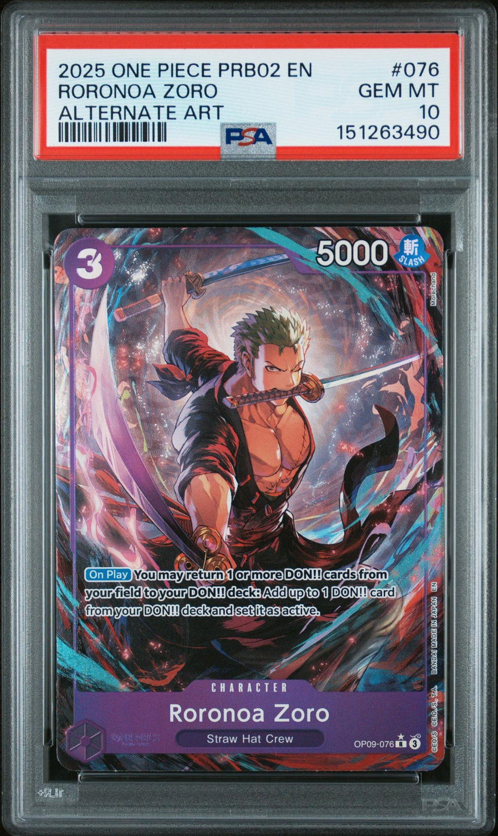 2025 One Piece the Best Premium Booster Vol 2 Alternate Art Roronoa Zoro #OP09076 PSA 10