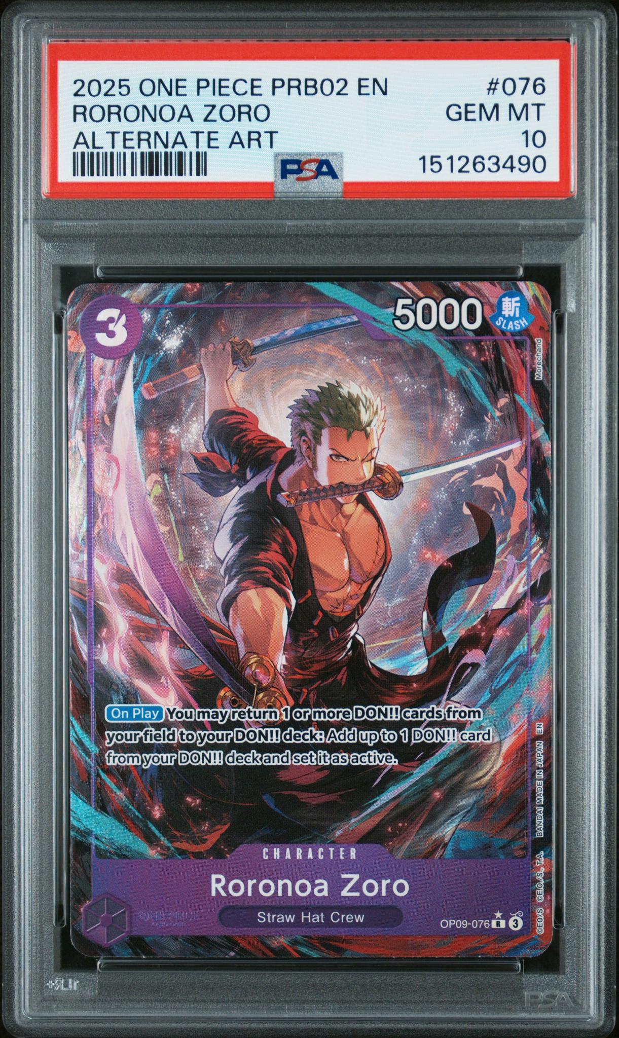 2025 One Piece the Best Premium Booster Vol 2 Alternate Art Roronoa Zoro #OP09076 PSA 10