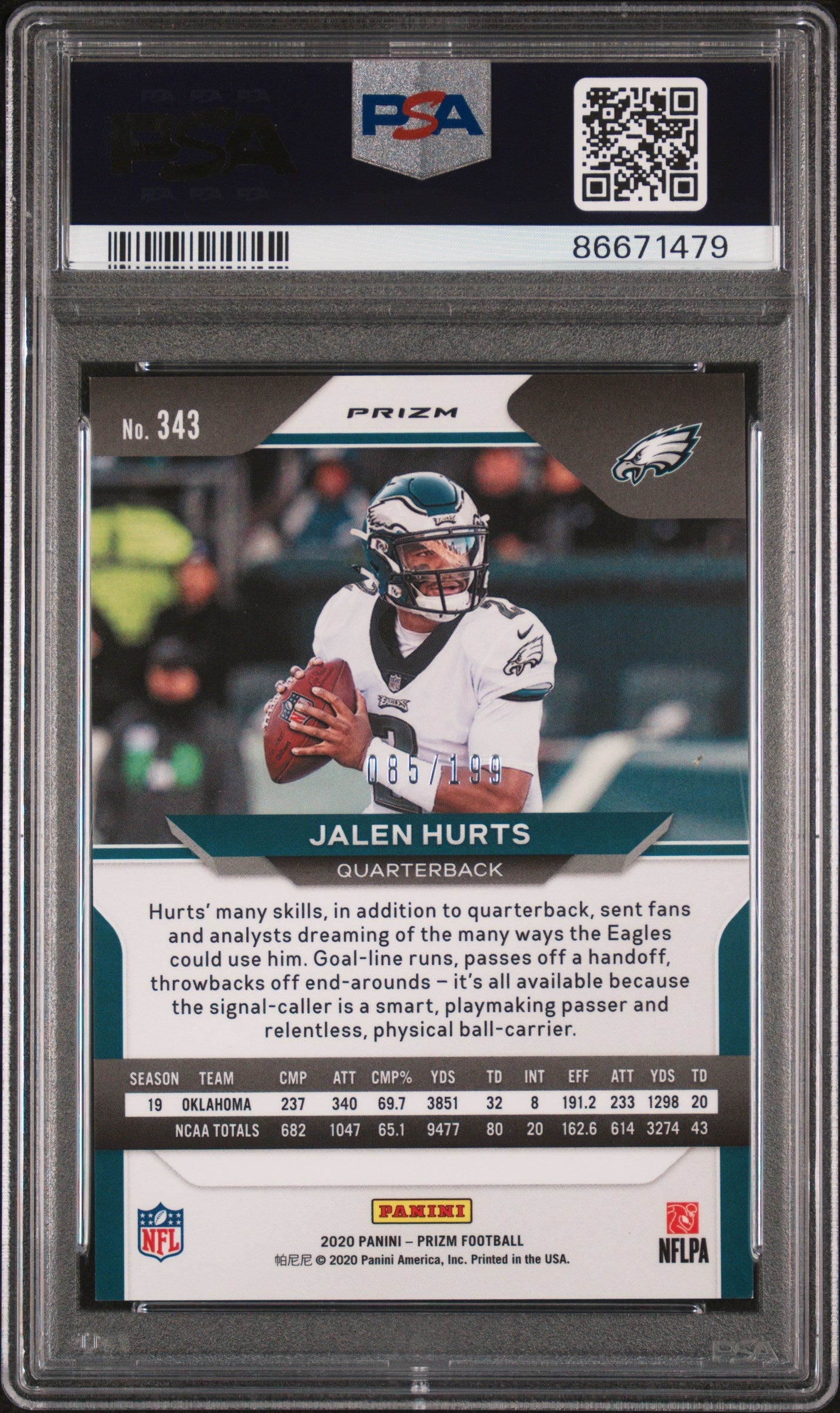 2020 Panini Prizm Blue Wave Prizm Jalen Hurts #343 /199 PSA 10