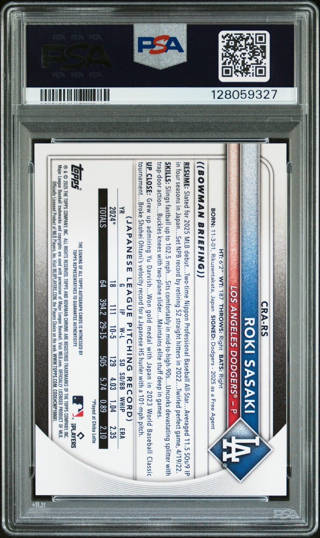 2025 Bowman Chrome Rookie Autographs Green Refractor Roki Sasaki #CRARS /99 PSA 10