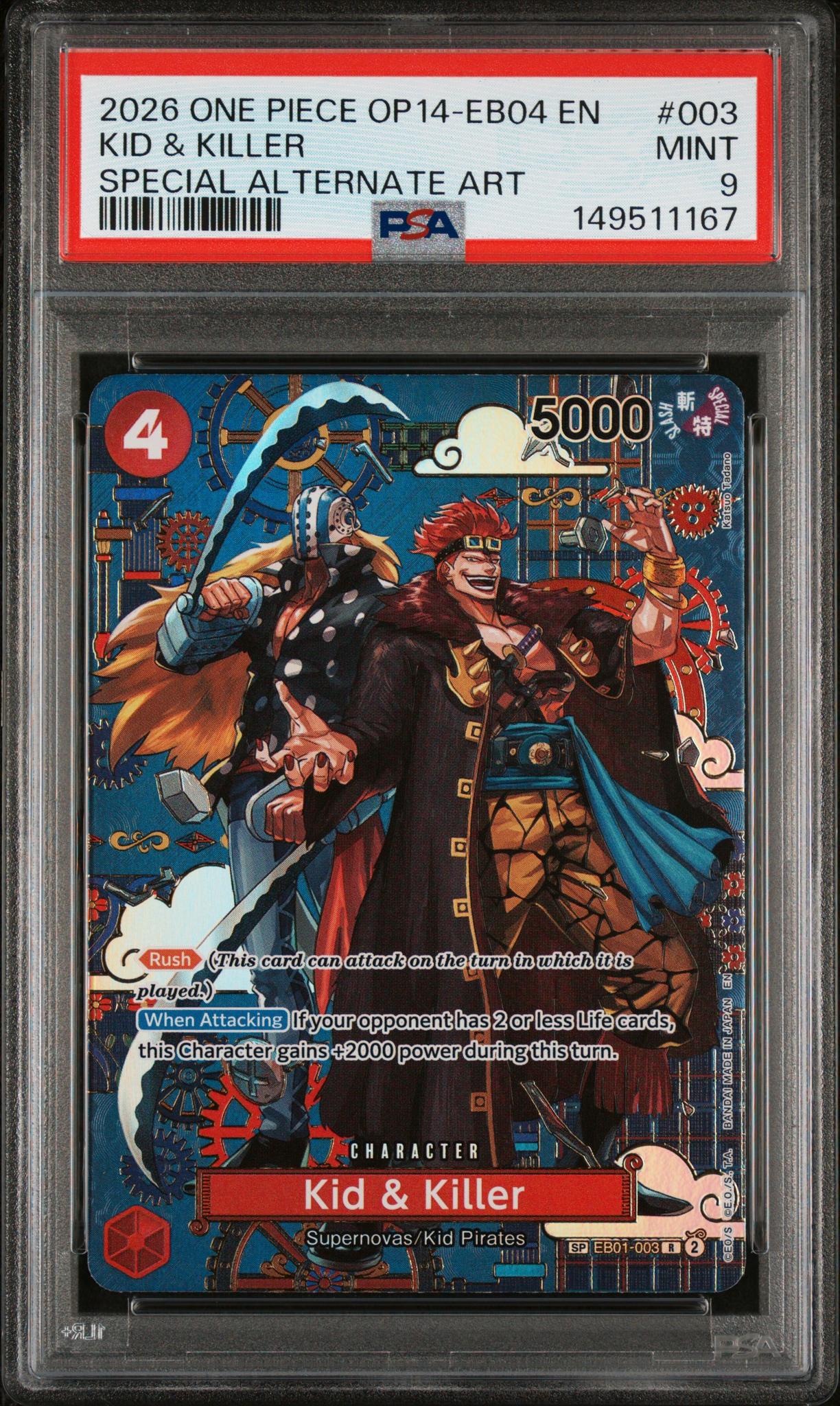 2026 One Piece the Azure Sea's Seven Special Alternate Art Kid and Killer #EB01003 PSA 9