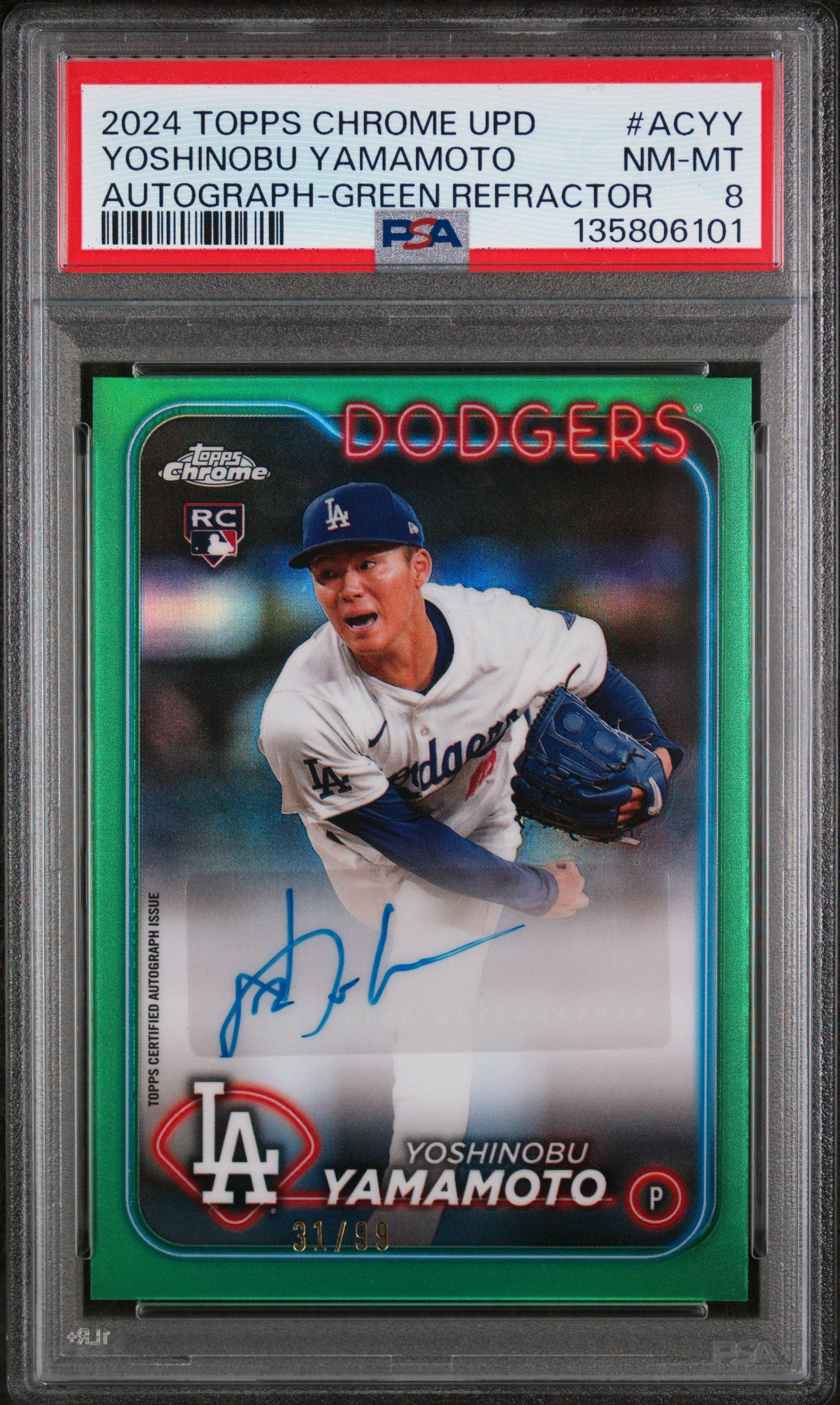 2024 Topps Chrome Update Chrome Baseball Update Series Autographs Autograph-Green Refractor Yoshinobu Yamamoto #ACYY /99 PSA 8