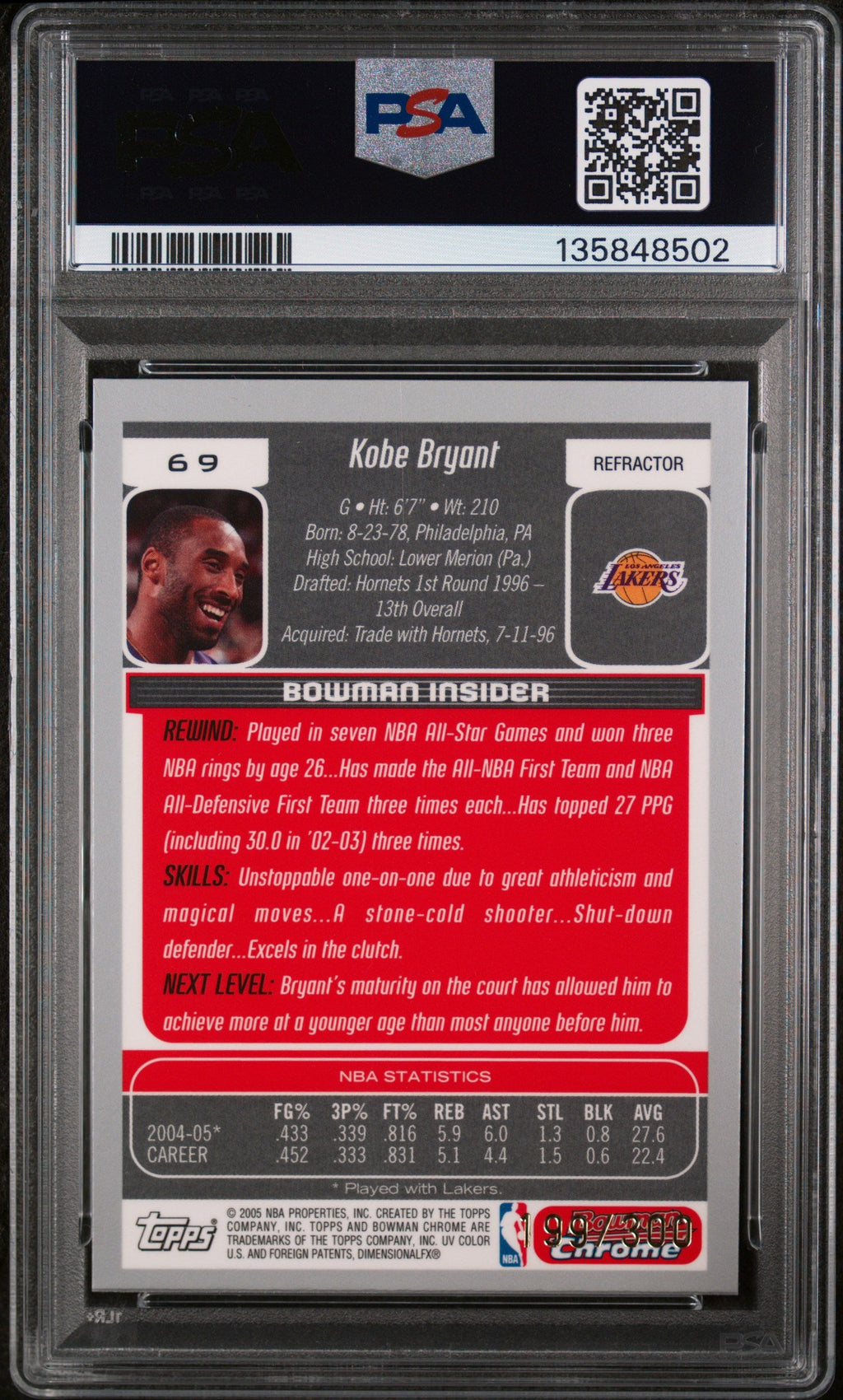 2005 Bowman Chrome Refractor Kobe Bryant #69 /300 PSA 8