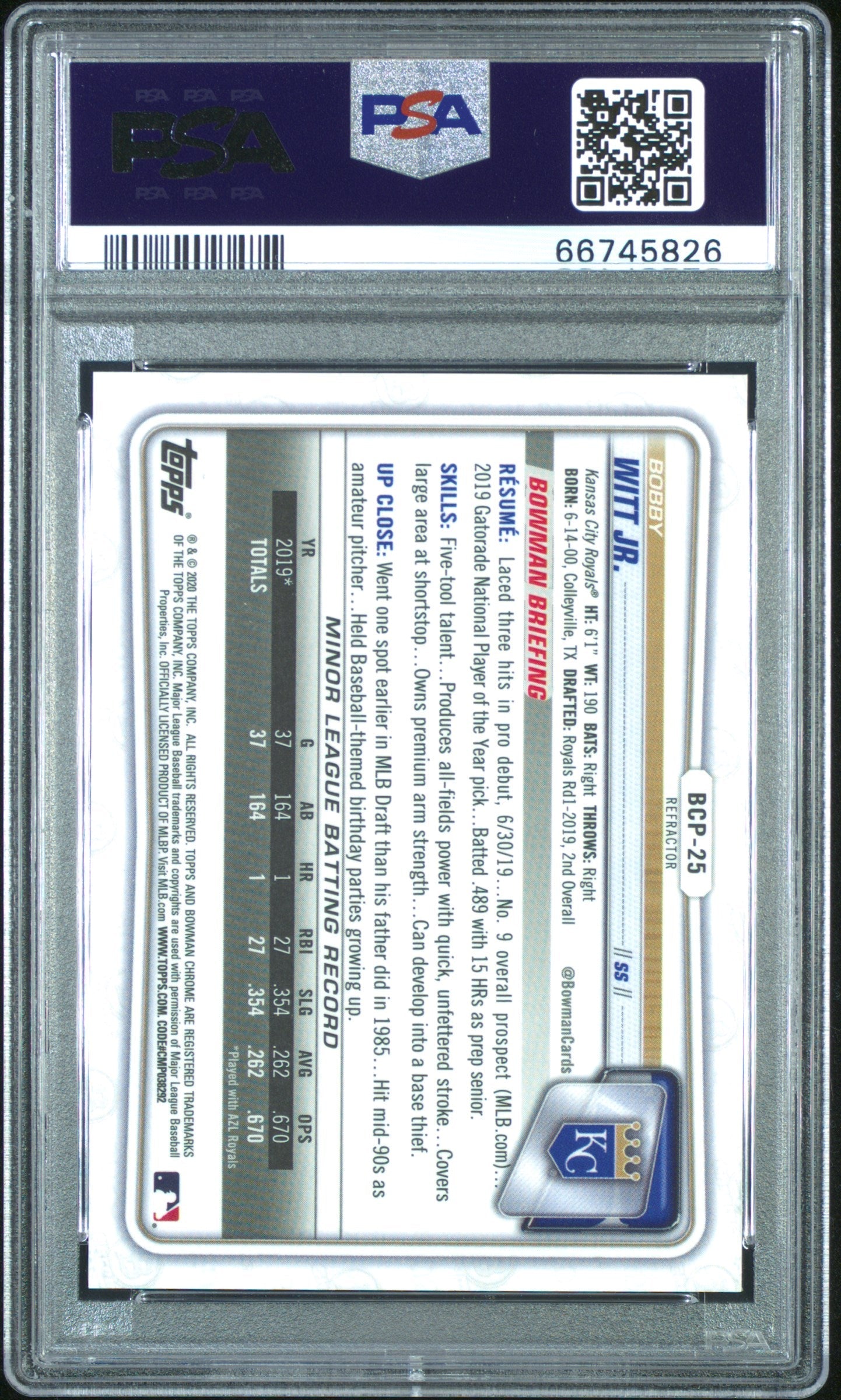 2020 Bowman Chrome Prospect Refractor Bobby Witt Jr. #BCP25 /499 PSA 10