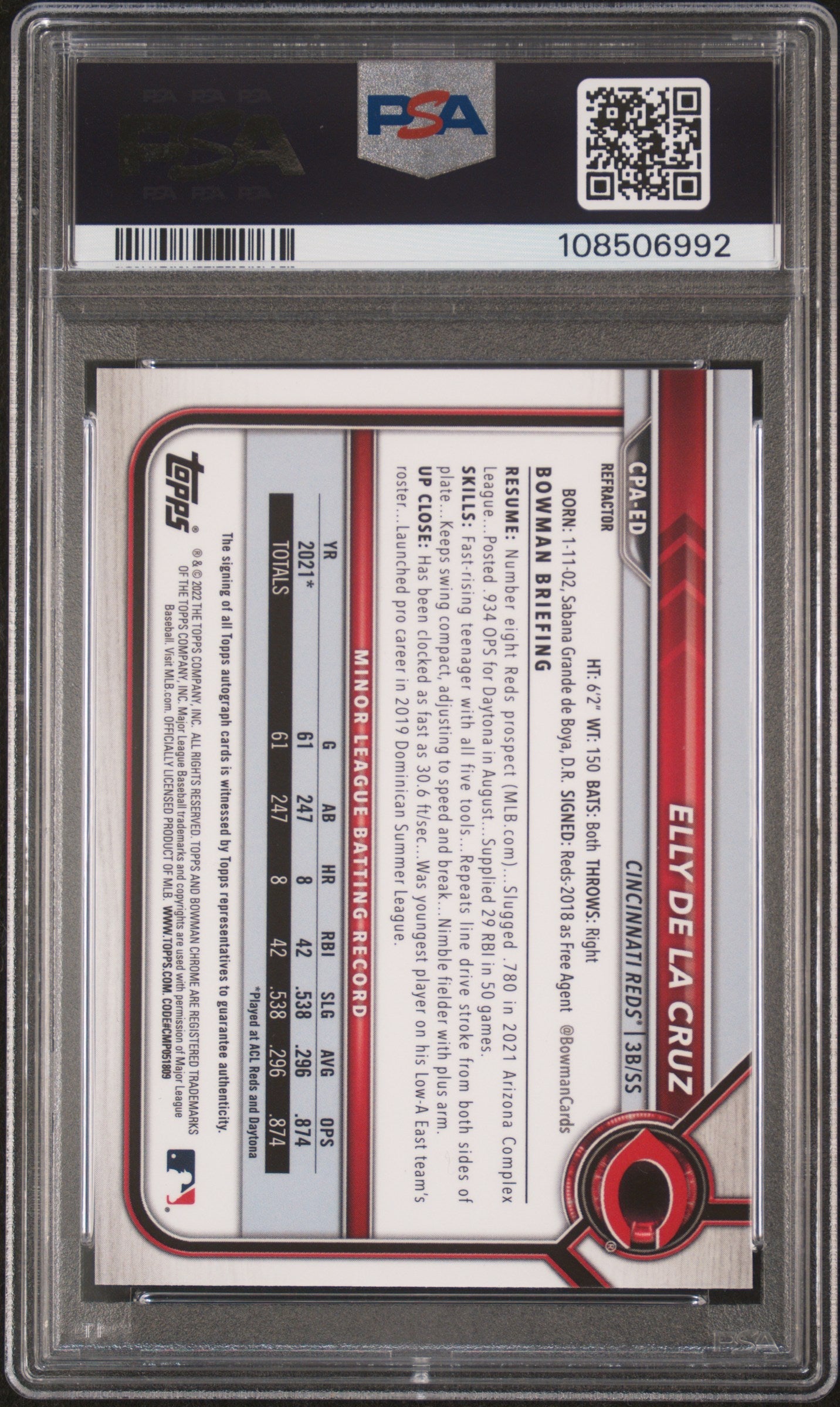 2022 Bowman Chrome Prospect Autograph Refractor Elly De La Cruz #CPAED /499 PSA 10
