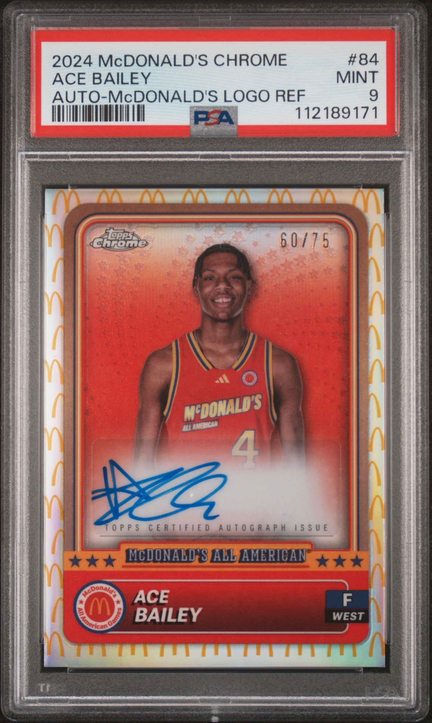 2024 Topps Chrome Mcdonald's All American Autograph-Mcdonald's Logo Refractor Ace Bailey #84 /75 PSA 9