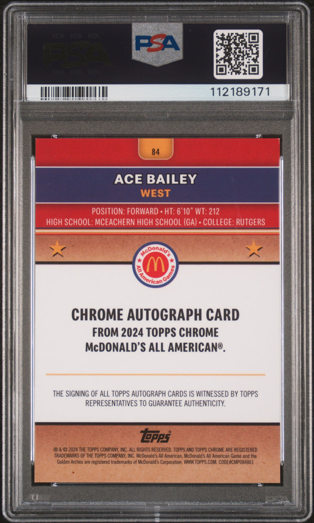 2024 Topps Chrome Mcdonald's All American Autograph-Mcdonald's Logo Refractor Ace Bailey #84 /75 PSA 9
