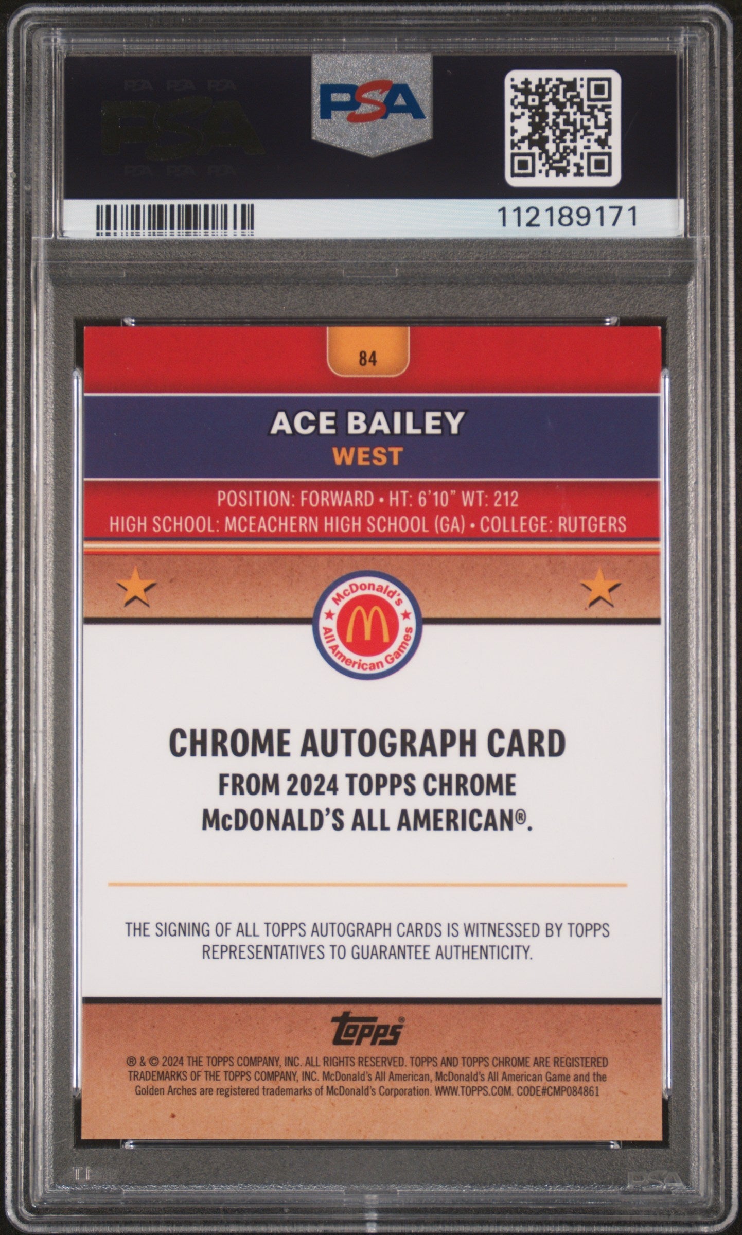 2024 Topps Chrome Mcdonald's All American Autograph-Mcdonald's Logo Refractor Ace Bailey #84 /75 PSA 9