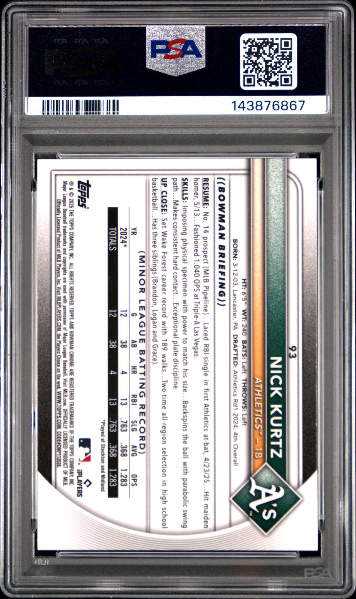 2025 Bowman Chrome Green Wave Nick Kurtz #93 /99 PSA 9