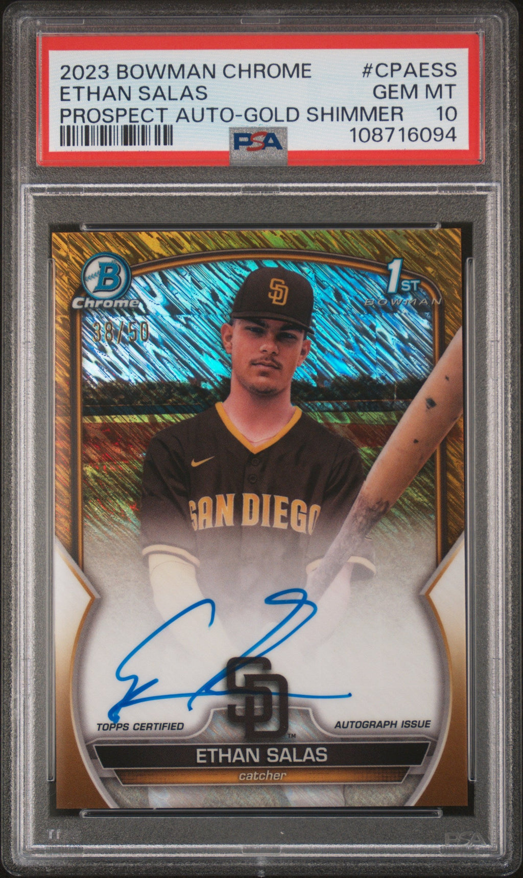 2023 Bowman Chrome Prospect Autograph Gold Shimmer Refractor Ethan Salas #CPAESS /50 PSA 10