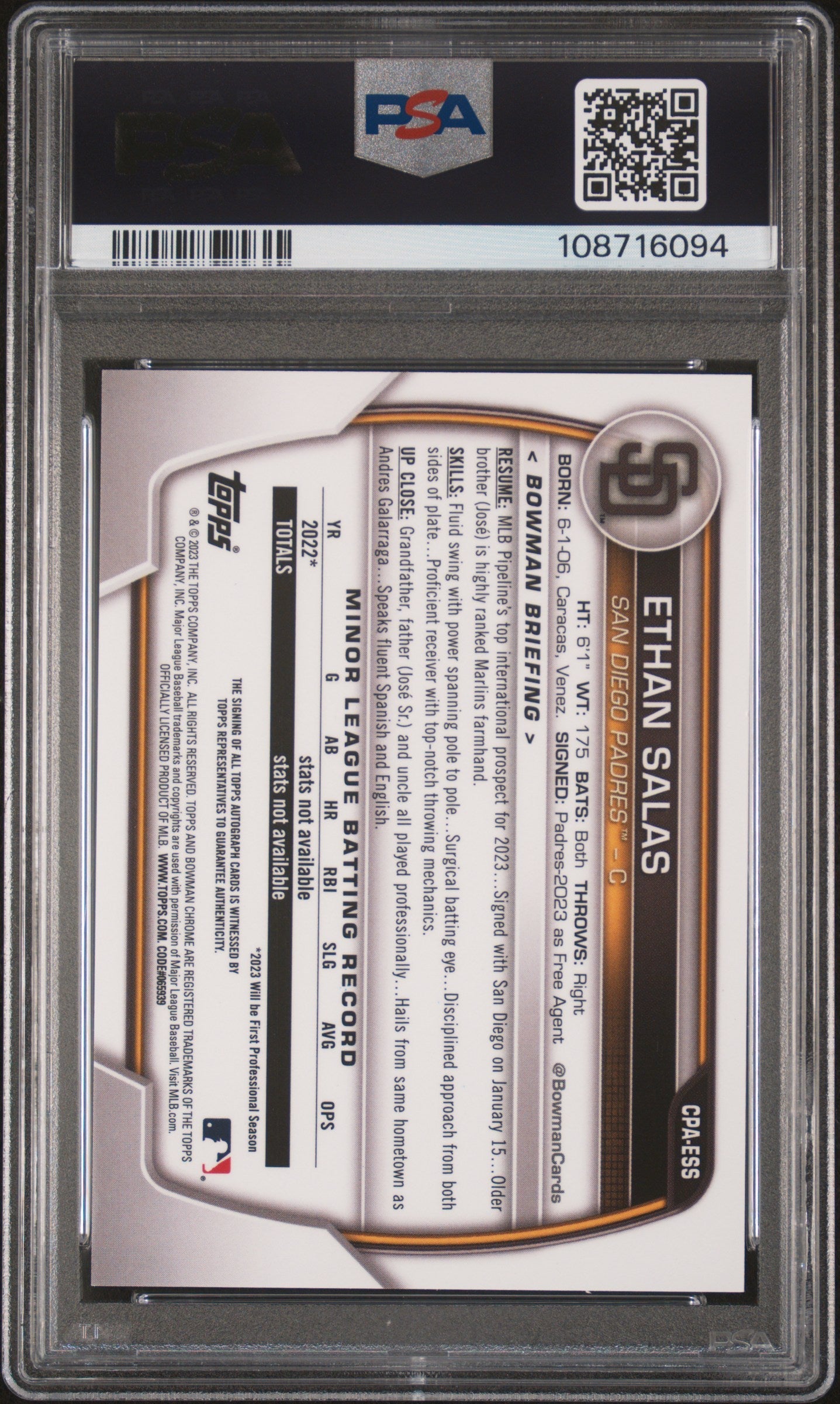 2023 Bowman Chrome Prospect Autograph Gold Shimmer Refractor Ethan Salas #CPAESS /50 PSA 10