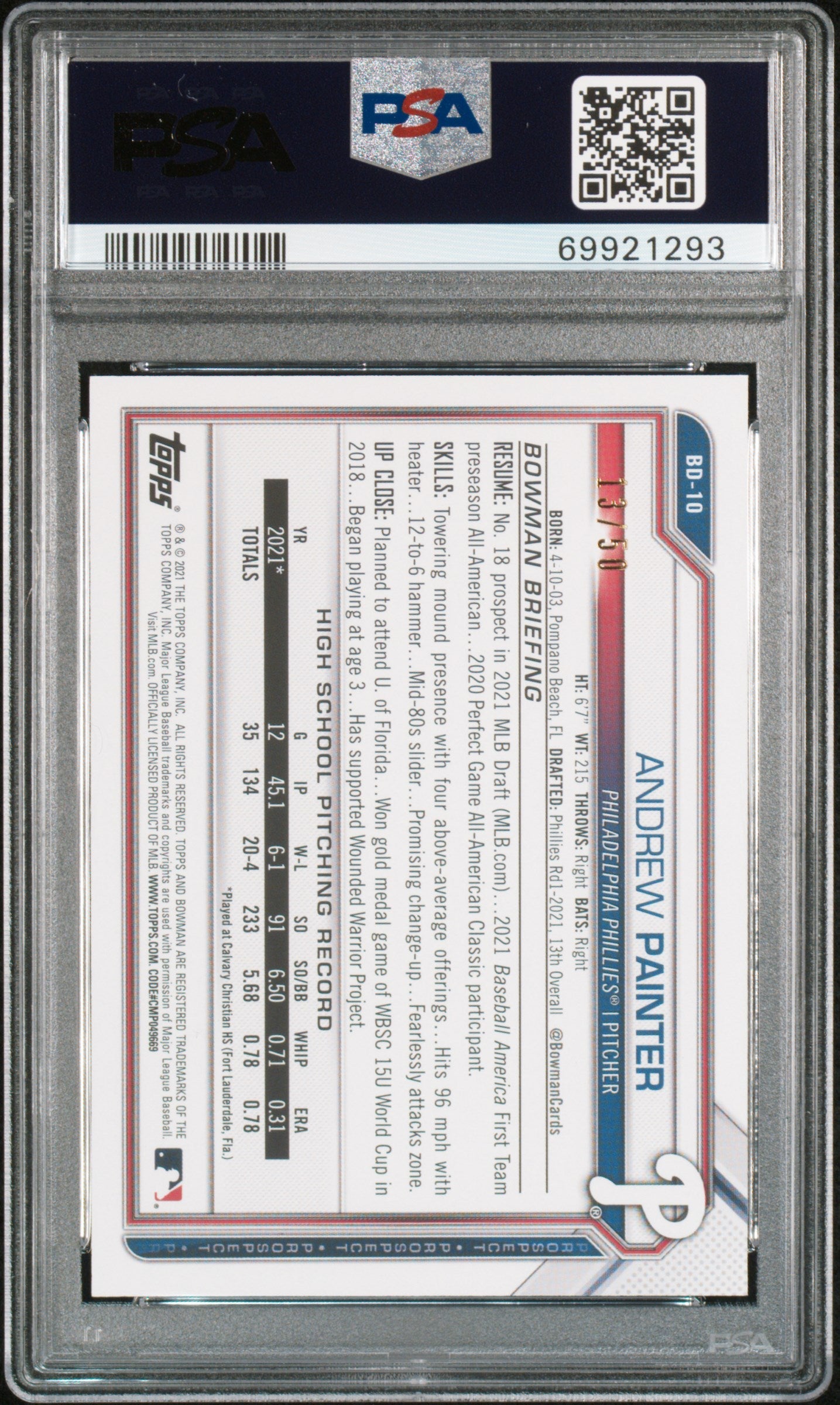 2021 Bowman Draft Gold Andrew Painter #BD10 /50 PSA 10