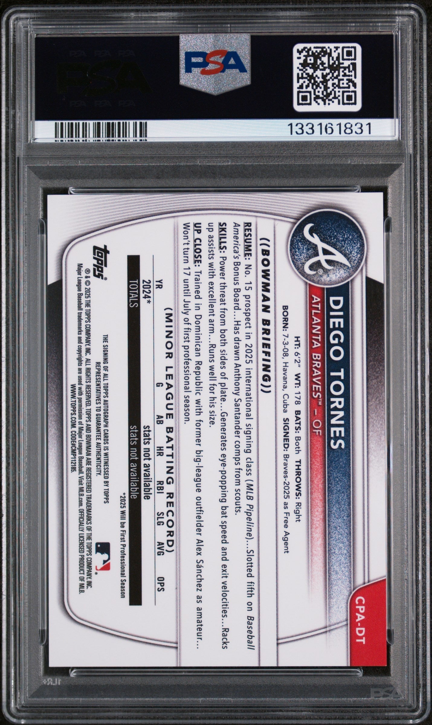 2025 Bowman Chrome Prospect Autograph Diego Tornes #CPADT PSA 10