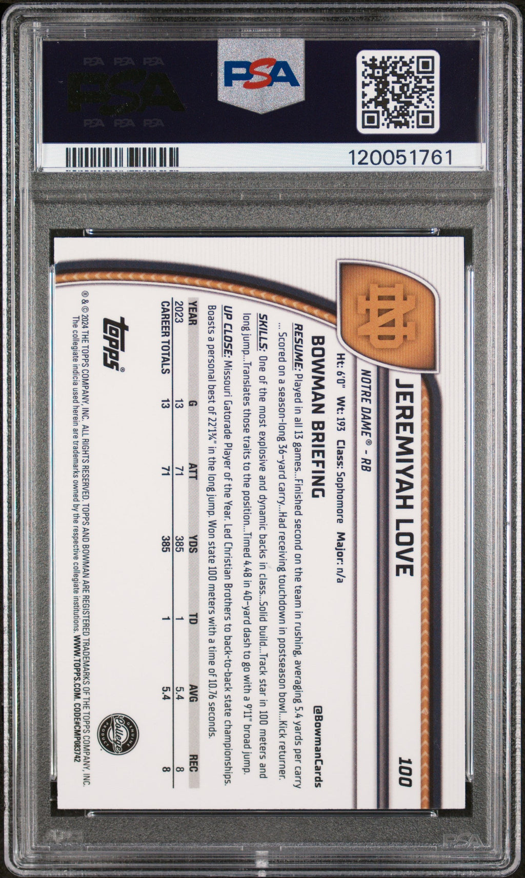 2024 Chrome Sapphire University Jeremiyah Love #100 PSA 10
