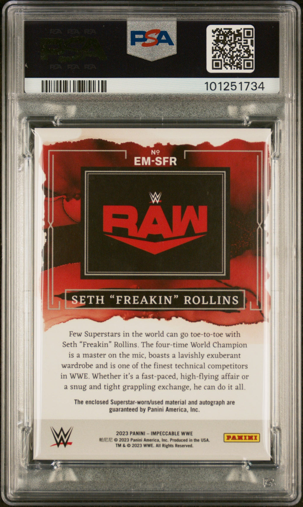 2023 Panini Impeccable WWE Elegance Memorabilia Autograph Elegance Mem Auto-Silver Seth Rollins #EMSFR /49 PSA 10