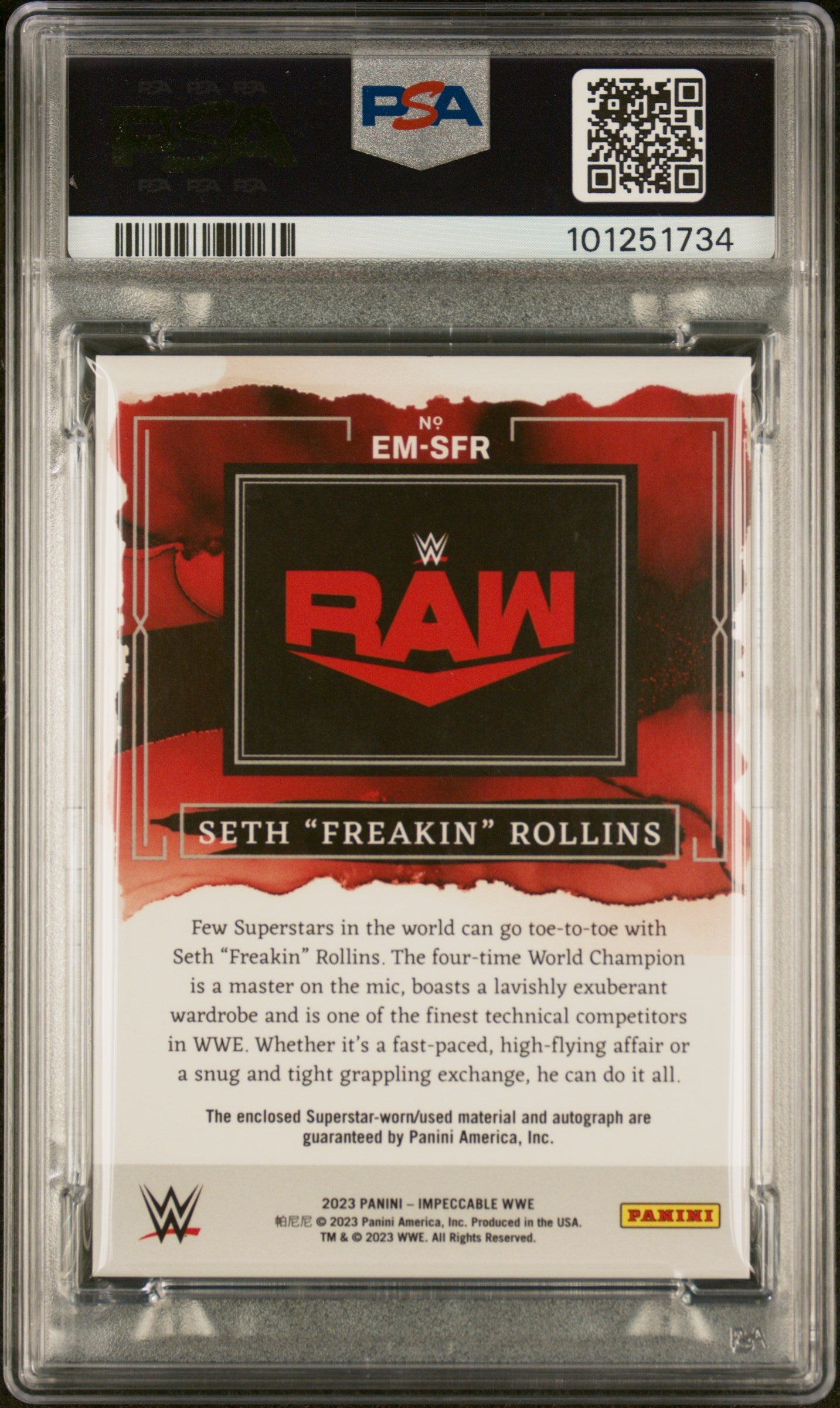 2023 Panini Impeccable WWE Elegance Memorabilia Autograph Elegance Mem Auto-Silver Seth Rollins #EMSFR /49 PSA 10