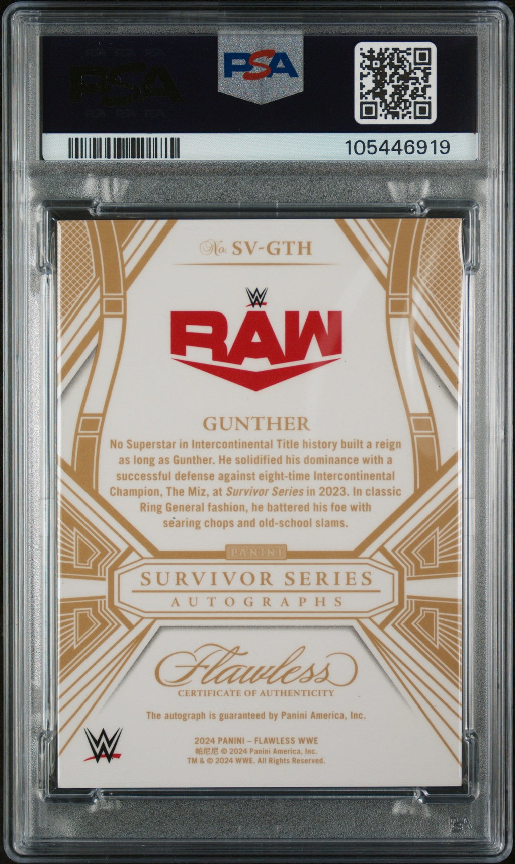 2024 Panini Flawless WWE Flawless Survivor Series Autographs Sapphire Gunther #SVGTH /20 PSA 8